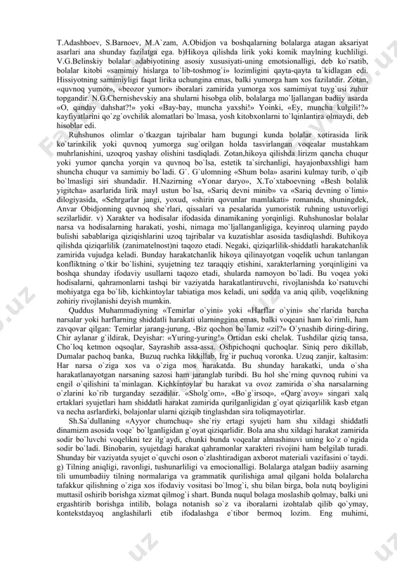 arda mehnatkashlikni, halollikni, rostgo`ylikni, to`g`rilikni, vatanni sevishni, kattani hurmat qilib kichikka shafqatli bo`lishni sharaflab kelgan, ishyoqmaslik, tekinxo`rlik, subutsizlik, yolg`onchilik, o`g`rilik, shafqatsizlik, toshbag`irlik, xoinlik, g`iybatkashlik kabi insoniylikni tahqirlovchi xislatlarni qoralagan. bolalar adabiyoti xalqni o`z kelajagi bo`lgan yosh avlodga ana shu sohadagi dono aqidalar va ijodiy an`analarini singdirishda xizmat qilmog`i darkor. bu-olijanob maqsad. uni amalga oshirish yuksak burch va mas`uliyatni talab qiladi. binobarin, bolalar uchun yoziladigan asarlar ham yuksak badiyatga ega bo`lmog`i shart. ularda hayot haqqoniyko`rsatilmog`i, insoniylikni, mehnatni sharaflovchi, bolalarda kelajakda kim bo`lmoqlarini belgilab olishlarida ko`maklashuvchi g`oyaviy-badiiy barkamollik ufurib turmog`i zarur. xom-xatala, hayotni bo`yab-bezab bayramdagiday tantanavor qilib ko`rsatuvchi bitiklar bolalar ma`naviy olamiga salbiy ta`sir ko`rsatadi. realizm-bolalar adabiyotining ham asosiy ijodiy metodi sanaladi. biroq bolalar uchun yoziladigan asarlarda voqelikning haqqoniy va aniq ifodasi goho romantika, goho fantastik bo`yoqqa sug`orilgan holda aks etishi mumki. bu asarning qiziqarliligini, emocionaligini kuchaytiradi va o`qimishligini ta`minlaydi. umuman, bolalar adabiyoti realizmida umuminsoniylikni qadrlash, ijtimoiy adolatni, ezgulikni sharaflash ruhi ustivor …