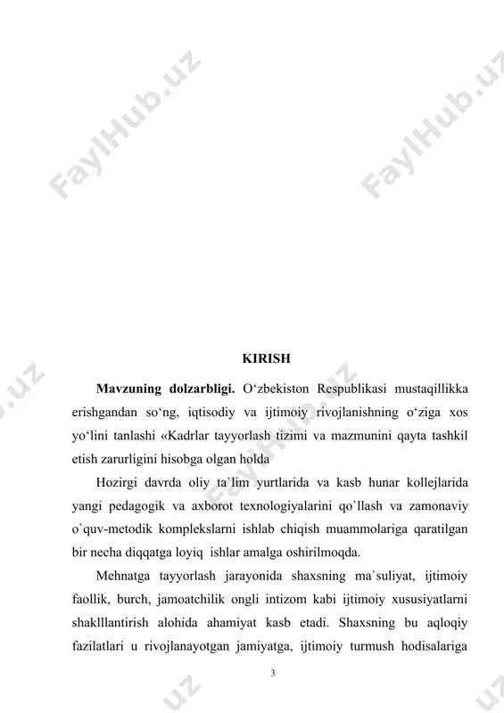 hilarni kasbiy bilimlar va o’quv va ko`nikmalar bilan muvaffaqiyatli ravishda qurollantirish, ularda mehnat malakalarini shakllantirish zarur bo`lib qolmasdan, balki ularning texnik fikrlashini o`stirish, ishda tashabbus ko`rsatishni va mehnatga ijodiy yondoshuvini tarbiyalash ham zarurdir. umumta`lim maktabi 5 va 6-sinflar mehnat darslarida yog`ochlarga ishlov berish texnologiyasi asoslari bo`limida o`quvchilarga yog`ochga ishlov berish ustaxonasi, yog`ochlarning odamlar uchun ahamiyati, ish o`rnini tashkil etish, yog`ochlarning tuzilishi, turlari, umumiy xossalari va ularning sifatini aniqlash, yog`ochlarning ishlatilish sohalari, duradgorlik asbob-uskunalari va moslamalari haqida va yog`ochlarga ishlov berish texnologiyalari haqida tushuncha va ko`nikmalar beriladi. kurs ishining maqsadi. mehnat ta`limining maqsadi o`quvchilarni aqliy va jismoniy mehnat turlari, jarayonlari hamda kasblar bilan tanishtirish, ularda dastlabki mehnat ko`nikmalari va malakalarini, mehnatga qiziqish hamda mehnatsevarlikni shakllantirish, ularni mehnat va kasblarni qadrlashga, ularning ahamiyatini tushunishga o`rgatish, ongli ravishda kasb tanlashga tayyorlash orqali kasbgacha tayyorgarliklarini amalga oshirish hamda jamiyat va shaxs farovonligi yo`lida mehnat faoliyatiga qo`shilishlariga imkon beruvchi shaxsiy sifat va tafakkurlarini rivojlantirishdan iborat. …