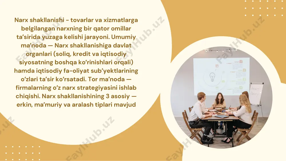 ekin yoʻqotilgan foyda raqobatda yengish uchun xizmat qiladi. mazkur qoida nufuzli tovarlar narxini yuqoriroq belgilanishini bildiradi, chunki ularning xaridorlari puldor tabaqa hisoblanadi; peshqadamlik qoidasi — turdosh (oʻrinbosar), yaʼni bir xil ehtiyojni qondiruvchi tovarlar narxi peshqadam firma belgilagan narxga binoan shakllanadi. boshqa firmalar narxni peshqadam narxini moʻljalga olib unga yaqin qilib belgilaydi. bu qoida odatda oligopoliya bozorida amal qiladi. bunday bozorda firmalar ozchilik boʻlib narxlarni bir-biriga yaqin belgilagan holda, asosan, sifat va servis bilan raqobatlashadi. narx quyi va yuqori chegara oraligʻida shakllanadi. agar quyi chegarani harajatlarni qoplash zarurati belgilasa, yuqori chegarani isteʼmolchilarning xarid qobiliyati belgilaydi. narx yuqori chegaradan chiqib ketsa xaridorlarning puli yetmay, tovarlar sotilmaydi, quyi chegaradan past boʻlsa firmalar zararga uchrab, yopilib ketadi. narx shakllanishining eng muhim talabi uning bozor sharoitiga moslanishi va oʻzgaruvchan boʻlishidir. narx belgilashga davlatning aralashuvi bozor qoidalariga zid. shu sababli davlat bozor narxlarini erkinlashtirib, bozor qoidasidan tashqarida yuzaga keladigan mono-pol narxlarni chegaralab turadi. etiboringiz uchun raxmat