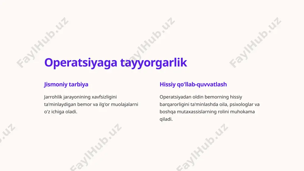dan keyin infektsiyani rivojlanish xavfi mavjud, shuning uchun gigiena nazorati va antimikrobiyal terapiyaning profilaktika choralari o'tkaziladi. organ disfunktsiyasi ba'zida oshqozon osti bezidagi operatsiyalar qo'shni organlar va tizimlarning ishiga ta'sir qilishi mumkin, bu esa ehtiyotkorlik bilan tibbiy nazoratni talab qiladi. 17 oshqozon osti bezi operatsiyasining prognozi va natijalari 85% muvaffaqiyatli operatsiyalar oshqozon osti bezidagi operatsiyalarning qariyb 85 foizi organning normal funktsiyalarini tiklash bilan muvaffaqiyatli yakunlanadi. 30% asoratlanish xavfi operatsiyadan keyingi asoratlar xavfi taxminan 30% ni tashkil qiladi, bu operatsiyadan keyingi ehtiyotkorlik bilan reabilitatsiya qilishni talab qiladi. 10k+ yillik operatsiyalar dunyo bo'ylab har yili 10 000 dan ortiq oshqozon osti bezi operatsiyalari o'tkaziladi, protseduralar soni doimiy ravishda oshib bormoqda. 18 etiboringiz uchun rahmat 19 image1.png image2.png image3.png image4.png image5.png image6.png image7.png image8.png image9.png image10.png image11.png image12.png image13.png image14.png image15.png image16.png image17.png image18.png