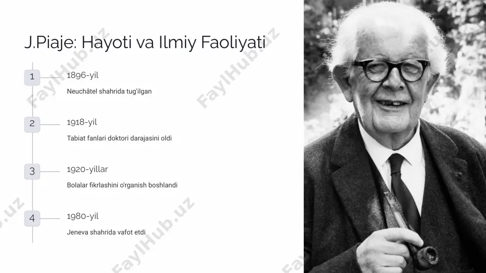 ar haqida muhokama yuritish ilmiy fikrlash gipotezalarni tekshirish va xulosalar chiqarish meta-kognitiv qobiliyatlar o'z fikrlash jarayoni haqida fikrlash kombinatorik fikrlash barcha mumkin bo'lgan variantlarni ko'rib chiqish 7 piaje nazariyasining asosiy mexanizmlari assimilatsiya yangi ma'lumotni mavjud sxemalarga kiritish akkommodatsiya mavjud sxemalarni yangi ma'lumotga moslashtirish muvozanat assimilatsiya va akkommodatsiya o'rtasidagi balans rivojlanish murakkablashib boruvchi intellektual tuzilmalar 8 psixik rivojlanishga ta'sir etuvchi omillar genetik omillar intellektual rivojlanishning biologik asosi. rivojlanishning umumiy yo'nalishini belgilaydi. miyaning tuzilishi va funksiyalari avloddan-avlodga o'tadi. bu omil rivojlanish imkoniyatlarini ta'minlaydi. atrofdagi muhit ijtimoiy va madaniy kontekst. bolaning ta'lim olish imkoniyatlari. atrofdagilar bilan o'zaro munosabatlar rivojlanishning tezligiga ta'sir ko'rsatadi. madaniy muhit intellektual qobiliyatlarni shakllantiradi. faollik bolaning aktiv o'rganish jarayoni. tajriba orttirish va amaliyot. bola dunyoni o'rganishda faol ishtirokchi bo'lishi kerak. atrof-muhit bilan bevosita o'zaro aloqa muhimdir. 9 zamonaviy psixologiyada piaje konsepsiyasi ta'limdagi ahamiyati yosh xususiyatlariga mos ta'lim metodlari ishlab chiqildi. har bir bosqich uchun maxsus o'quv dasturlari yaratildi. ilmiy tadqiqotlarga …