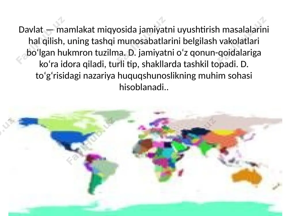 i, vakolatlari muammosi, ularning ijtimoiy va d. xayotidagi roli , huquqiy munosabatlar , inson huquqlari, xalqaro huquq (a.saidov), huquqiy parlamentarizmning rivojlanishi (e.h.hali-lov), oʻzbek davlatchiligi tarixi (a.ziyo) boʻyicha tadqiqotlar olib borilmoqda. davlat chegarasi — davlatning quruqlik va suvdagi doirasini belgilaydigan chiziq. bu chiziq ustidan oʻtadigan vertikal sath shu davlatning xavo chegarasi hisoblanadi. xalqaro xuquqqa binoan qushni davlatlar oʻrtasidagi davlat chegarasi shartnoma tartibida belgilanadi. davlat chegarasini belgilash 2 bosqichda amalga oshiriladi: chegarani delimitatsiya qilish (davlat chegarasi yoʻnalishini belgilash va uni shartnomaga ilova qilinadigan haritaga tushirish) va chegarani demarkatsiya qilish (chegara belgilari yordamida joyda chegarani belgilash). d. qurilishida d. shakli katta rol oʻynaydi. yangi d.lar tashkil topayotganda uning shakli toʻgʻri tanlanishi, joriy etilishi muqimdir. d. shakli boshqaruv shakli, d. tuzilishi shakli va siyosiy idora usuli (tartib, rejim) tushunchalarini oʻz ichiga oladi. d. boshqaruv shakli — d. hokimiyati va boshqaruvni tuzish hamda tashkil etishning muayyan tartibidir. boshqaruv shaklining eng qad. va xrz. kunga qadar …