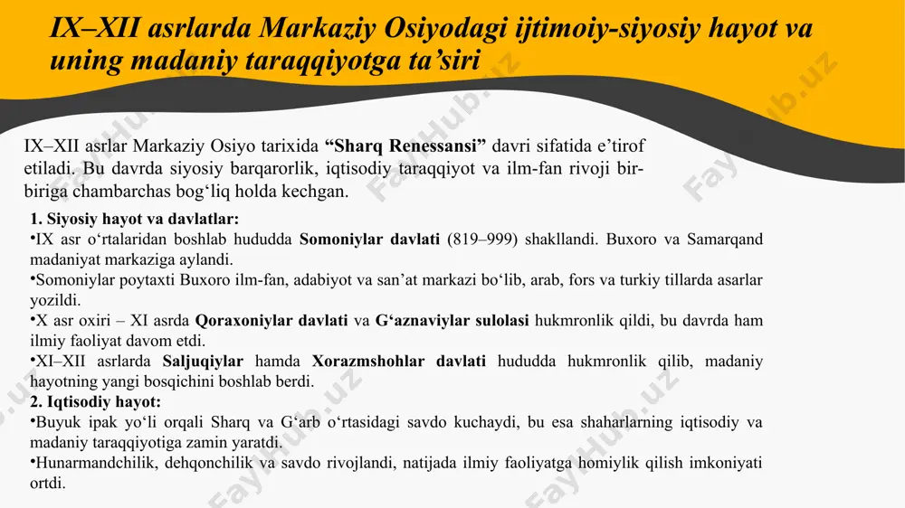 abulqosim firdavsiy (940–1020) fors-tojik adabiyotining yirik shoiri. “shohnoma” dostoni orqali eroniy xalqlarning tarixiy va afsonaviy o‘tmishini she’riy shaklda ifodalagan. milliy g‘oya va vatanparvarlik ruhini kuylagan. boshqa allomalar: yusuf xos hojib – “qutadg‘u bilig” asari bilan turkiy adabiyot va davlat boshqaruvi haqidagi falsafiy qarashlarni ifodalagan. ahmad yassaviy – “hikmatlar” orqali tasavvuf ta’limotini keng yoygan. omar xayyom – shoir va matematik, algebra va falsafada ulkan ishlar qilgan, ruboiylari mashhur. uyg‘onish davrida me’morchilik, san’at va madaniyat yutuqlari (ix–xii asrlar) ix–xii asrlar markaziy osiyoda nafaqat ilm-fan, balki me’morchilik, tasviriy san’at va umumiy madaniyat taraqqiyotining eng yuksak davri bo‘lgan. bu davrda yaratilgan obidalar va san’at namunalari bugungi kunda ham jahon madaniy merosining qimmatli yodgorliklari sifatida qadrlanadi. 1. san’at rivoji naqqoshlik va bezak san’ati rivoj topdi, g‘isht va koshinlardan murakkab geometrik naqshlar, islimiy va arabesk uslublar keng qo‘llanildi. xattotlik (kalligrafiya) san’ati o‘sha davrda qur’on nusxalarini bezashda va ilmiy asarlarni ko‘chirib yozishda yuqori darajaga ko‘tarildi. amaliy san’at: …