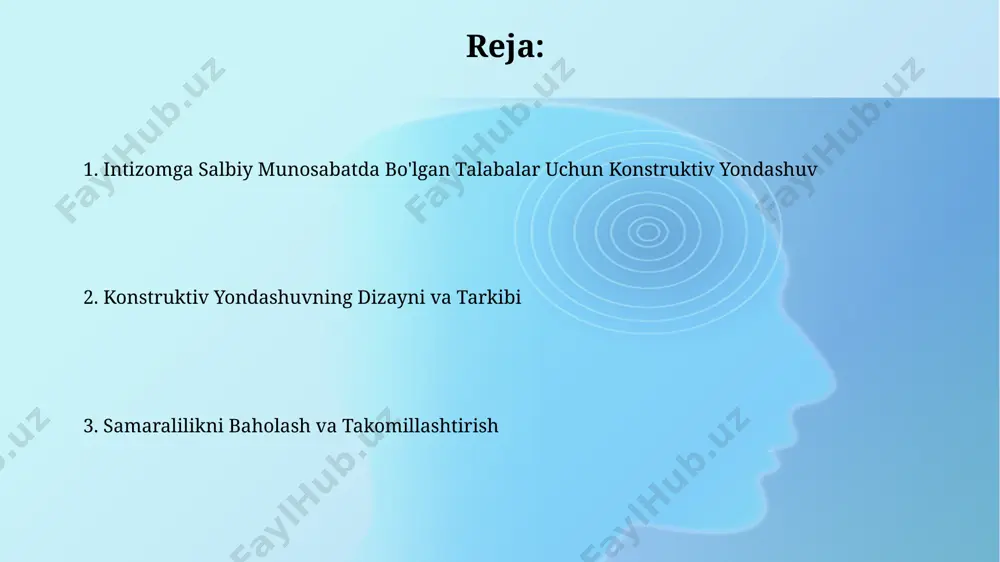 hlarni shakllantirish, har bir a’zoning rolini aniq belgilash va mas’uliyatni taqsimlash intizomlilikni oshirishga yordam beradi. loyihalarni 3 bosqichga (rejalashtirish, amalga oshirish, taqdimot) bo‘lish va har bir bosqich uchun aniq muddatlar belgilab, o‘z vaqtida bajarilishini nazorat qilish muhimdir. mas'uliyatni oshirish o'z-o'zini boshqarish ko'nikmalarini rivojlantirish orqali, mas'uliyat hissi 15% ga ortadi, bu esa intizomga bo'lgan salbiy munosabatni kamaytiradi. o'quvchilarning mas'uliyatini 10% ga oshirish uchun 5 ta aniq vazifa belgilab, har birining bajarilishini kuzatish muhim. hamkorlik va ishonch muhiti yaratish hamkorlik muhitini yaratishda 5 dan ortiq talaba guruhlariga bo'linib, har bir guruhga muayyan vazifalarni topshirish samarali natijalar beradi, bu ularning o'zaro ishonchini va javobgarligini oshiradi. "peer-to-peer" o'rganish usulini qo'llash orqali, ya'ni tengdoshlari orasida o'zaro yordam va qo'llab-quvvatlashni rag'batlantirish, ishonchli va konstruktiv muhit yaratishga yordam beradi. tanqid va rag'batlantirishning to'g'ri usullari tanqidni konstruktiv qilish uchun 3:1 nisbatda ijobiy fikrlar va rag'batlantirishni qo'llash samarali, ya'ni har uchta tanqidga to'rtta ijobiy baho berish kerak. o'z-o'zini baholash …