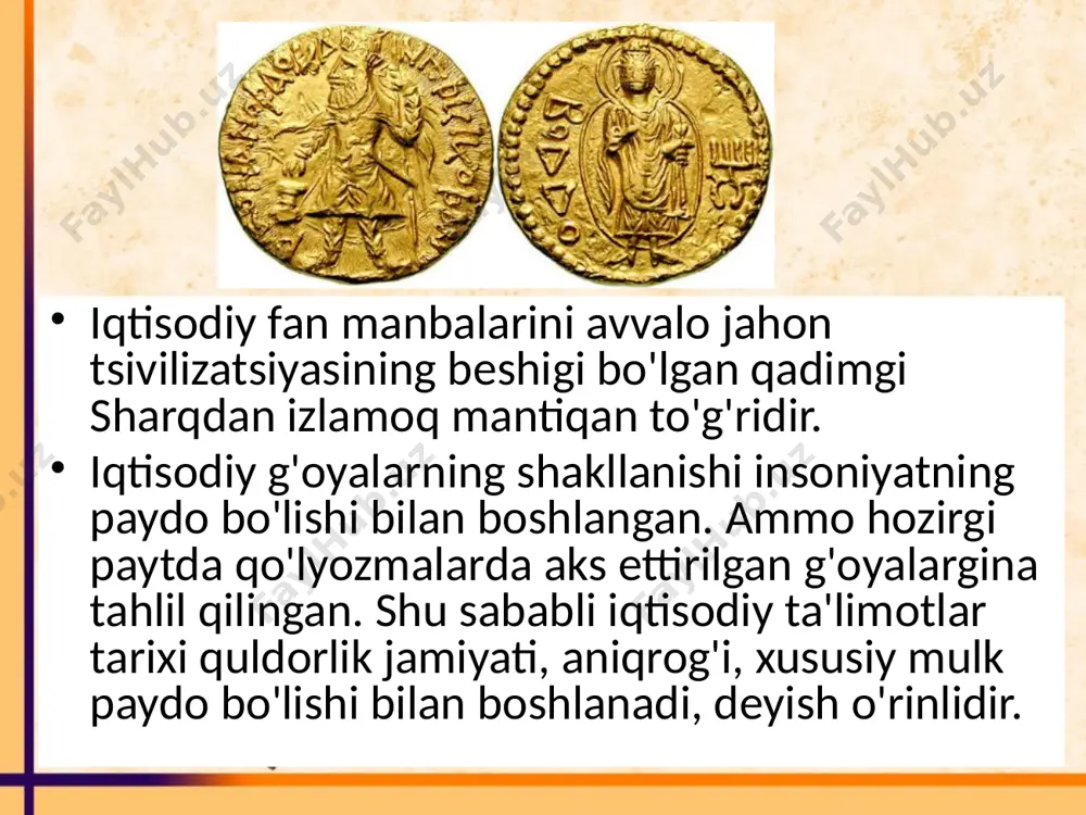 si dualizmga, ya'ni bir tomondan yaxshilik va rug'lik (xudosi axura mazda), ikkinchi tomondan vuzlik va qorong'ilik (xudosi anxra manu) kuchlari o'rtasidagi kurashdir. inson xo'jalik faoliyatida tabiiy muhit bilan chambarchas bog'liq deb uqtiriladi, ammo insonga alohida e'tibor beriladi. insonga tanlash huquqi berilgan bo'lib, u yaxshilik yoki monlik tomonlarni olishi va shunga mos harakat qilishi kerakligi aytiladi. yaxshilik odamining faoliyati yaxshi g'oya, yaxshi so'z va yaxshi ishlar bilan bog'langan bo'lishi kerak. moddiy boyliklarni ko'paytirish erug dunyodagi yaxshi ishlarning asosiysi hisoblangan. shu sababli «avesto» matnlarida natural-xo'jalik faoliyati keng targ'ib etilishi va amaliy maslahatlar berilishi tasodif emas. avestoda «o'z hayoti davomida go'zallik va yaxshilik, nur va quvonch yo'lida xizmat qilgan odam parso va hakgo'y, pok va adolatli bo'lib, mehmonlarni beg'araz kutgan. xotinini sevib erni mollarni parvarish qilgan, odamlarning molu mulkiga ko'z olaytirmagan, tabiatni asrab-avaylab undan zavq olgani uchun uning joni ham bitmas-tuganmas rohat va farog'atga burkanadi» deb yoziladi. qadimgi xitoydagi iqtisodiy g'oyalar m.a. vi-iii …