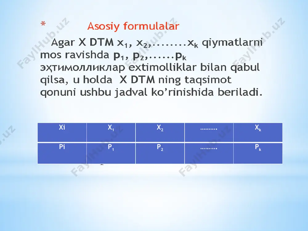 2, k = 0, 1, 2, 3. ya’ni, demak, izlanayotgan taqsimot konun ` x 0 1 2 3 p 0,008 0,096 0,374 0,512 2.puasson taqsimot qonuni agar х 0,1,2,........ qiymatlari mos ravishda p(k)= (2) bu yerda λ= np,ehtimolliklar bilan qabul qilinsa, у ҳолда х dtm puasson taqsimot qonuniga бўйсунади bo’ysunadi deyishadi. 4-misol. nishonga 1000 ta o‘q otildi. agar har bir o‘qning nishonga tegish ehtimoli 0,001 ga teng bo‘lsa, nishonga tekkan o‘qlar sonining taqsimot qonuni topilsin. yechish: n = 1000, p = 0,001. l=np=1000*0,001=1. k=0,1,2 qiymatlarni (2) puasson qonuni bo’yicha qabul qiladi 3. gipergeometrik taqsimot qonuni agar х dtm 0,1,2,........min(m,n) qiymatlari mos ravishda p(k)= (3) bu yerda 0<k<m эehtimolliklar bilan qabulqilsa, u holda х dtm ni gipergeometrik taqsimot qonuniga ega deyiladi. 5-misol. yashikda 10 ta shar bo‘lib, ulardan 8 tasi oq. tavakkaliga 2 ta shar olingan. olingan sharlarning oq shar bo‘lishining taqsimot qonuni topilsin. yechish. n=10, m=8, n=2, k=0,1,2 qiymatlarni (3) …