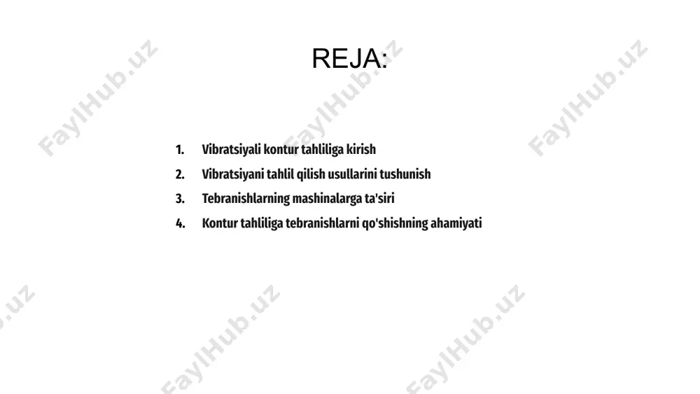 ngan holda, texniklar qimmat buzilishlar va ishlamay qolishning oldini olish uchun faol choralar ko'rishlari mumkin. vibratsiyani tahlil qilish usullarini tushunish 3 2 4 tebranishlarning mashinalarga ta'siri tebranish konturini tahlil qilish tebranishlarning mashinalarga ta'sirini tushunishda juda muhimdir. tebranish naqshlarini tahlil qilish orqali muhandislar potentsial muammolarni aniqlashlari va mashina samaradorligini oshirishlari mumkin. qo'shimcha tebranishlar mashinaning noto'g'ri ishlashiga va uning ishlash muddatini qisqartirishiga olib kelishi mumkin. uskunaning shikastlanishiga yo'l qo'ymaslik uchun tebranishlarni kuzatish va nazorat qilish muhimdir. tebranishlarning mashinaga ta'sirini tushunish optimal ishlash va uzoq umr ko'rishni ta'minlash uchun juda muhimdir. tebranishlarni minimallashtirish bo'yicha chora-tadbirlarni amalga oshirish mexanizmning ishonchliligini saqlashga yordam beradi. kontur tahliliga tebranishlarni qo'shishning ahamiyati tebranishlar konturni tahlil qilishda hal qiluvchi rol o'ynaydi, chunki ular tuzilmalarning dinamik harakati haqida qimmatli ma'lumotlarni taqdim etishi mumkin. kontur tahliliga tebranishlarni qo'shish orqali muhandislar turli komponentlarning ishlashini yaxshiroq tushunishlari va baholashlari mumkin. kontur tahliliga tebranishlarni qo'shishning ahamiyati uning strukturaviy zaifliklar, charchoq yoki nosozlik usullari kabi …