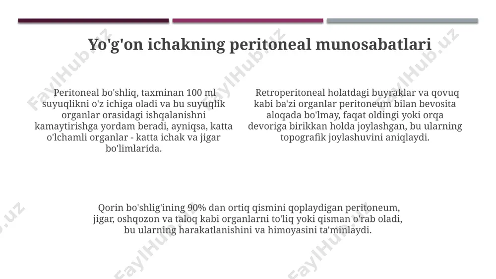 orqali transvers kolon bilan bog'lanadi, bu burma o'ng va chap tomonga cho'zilgan. oshqozonning orqa devori retroperitoneal joylashgan bo'lib, faqat uning oldingi yuzasi peritoneal qoplama bilan qoplanadi, bu esa uning harakatchanligini cheklaydi. peritonning klinik ahamiyati қорин бўшлиғидаги 5 литрдан ортиқ экссудат (суюқлик) йиғилиши перитонитнинг жиддий белгиси ҳисобланиб, тезкор жарроҳлик аралашувини талаб қилади, айниқса, тошкент шаҳридаги шифохоналарда бундай ҳолатлар кўп учрайди. перитонитнинг 30 ёшдан ошган аёлларда, айниқса, туғруқдан кейинги даврда юқумли касалликлар туфайли юзага келиши тез-тез кузатилади, ўлим даражаси 20% гача етиши мумкин. перитонитнинг диагностикасида лаборатория текширувлари (лейкоцитоз, crp кўрсаткичлари), рентгенография ва узи текширувлари муҳим аҳамиятга эга бўлиб, даволаш самарадорлигига 15-20% таъсир кўрсатади. jigarning peritoneal munosabatlari jigarning diafragma bilan bo'lgan munosabati periton orqali amalga oshadi, bu joyda 5-7 sm kenglikdagi diafragma-jigar bo'shlig'i mavjud. periton jigarni o'ng buyrak va o'ng buyrak usti bezi bilan bog'laydigan, qorin bo'shlig'ining o'ng yuqori qismida joylashgan retroperitoneal joylar ham mavjud. peritonning jigarga birikish joylari 3 ta bo'limdan: koronar …