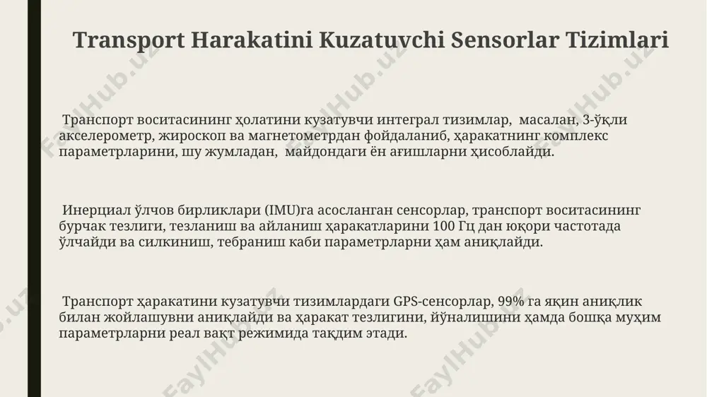 u esa +/-1° aniqlik bilan o'lchanadi. kompas sensori 3 o'qli magnit maydonini o'lchab, transport vositasining burchak tezligini 1°/s dan 100°/s gacha bo'lgan diapazonda aniqlaydi. inertsiya o'lchov birligi (imu) sensorlari imu sensorlari ma'lumotlarini birlashtirib, filtrlash algoritmlari, masalan, kalman filtri yordamida, aniqroq pozitsiya va yo'nalish ma'lumotlarini olish mumkin, bu esa 10-100 hz chastota bilan amalga oshiriladi. inertsiya o'lchov birligi (imu) sensorlari 3 o'qli akselerometr va 3 o'qli giroskopni birlashtirib, harakatning tezlanishini va burchak tezligini 6 darajali erkinlik bilan aniqlaydi. yuqori aniqlikdagi imu sensorlari, gps bilan birgalikda ishlatilganda, transport vositalarining holatini aniqlash uchun ±0.1° gacha burchak aniqligi va 0.01 m/s² gacha tezlanish aniqligiga ega bo'lishi mumkin. e'tiboringiz uchun rahmat @taqdimot_robot