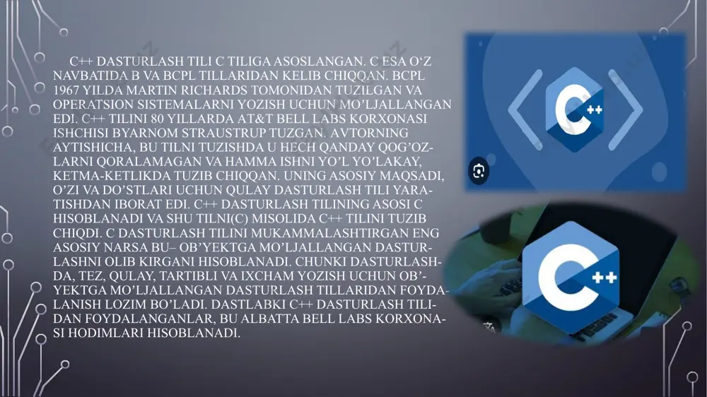 belgilangan operatorning chap tomonidagi belgi oʼzga-ruvchan va tayinlash operatorining oʼng tomonidagi belgi- bu qiymat. oʼng tarafdagi qiymat chap tomonda oʼzgaruv-chan maʼlumotlarning bir xil turiga ega boʼlishi kerak, aks holda kompilyator xato qiladi. masalan: int a=10, double b=15,48, string natija=“masalaning javobi:” va bosh-qalar. qoʼshimcha operatorlar- yuqoridagi operatorlar-dan tashqari baʼzi bir muayyan vazifani bajarish uchun ishlatiladigan c yoki c ++ da baʼzi boshqa operatorlar mavjud. ulardan baʼzilarini koʼrib chiqamiz: sizeof c / c ++ dasturlash tilida juda koʼp ishlatiladi. uning asosiy vazifasi maʼlumot yoki qiymatni hajmini aniqlash uchun ishlatiladi. bundan tashqari vergul (,) operatori, shartli operator va boshqalar. c++ dasturlash tilida eng koʼp ishlatiladigan kutubxonalar - kirish va chiqish asoslarini taʼminlaydi. - chiziqlarni va oʼzgaruvchi nuqta qiymatlarining aniqligi kabi chiqish formatlashini boshqarish uchun imkoniyatlar yaratadi. - matematik funktsiyalarni oʼz ichiga olgan kutubxona. mantiqiy va bitwise operatorlar mantiqiy operatorlar- ikki yoki undan koʼp shartlarni, cheklovlarni birlashtirish yoki koʼrib chiqilayotganda asl holatni baholashni toʼldirish …