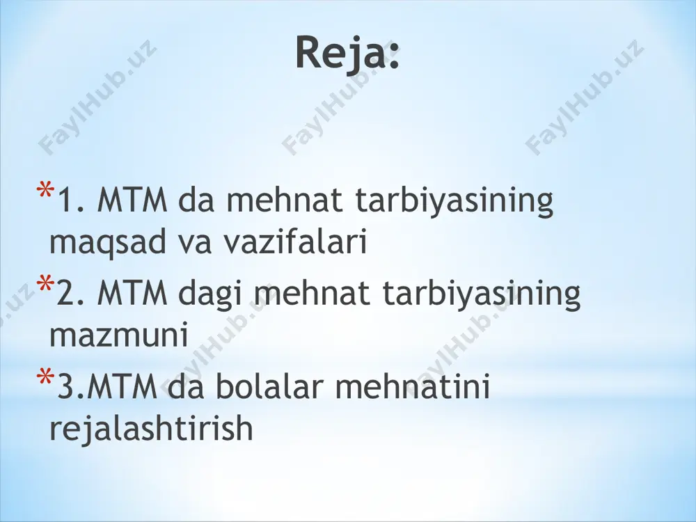 di: o’z o’ziga xizmat qilish – bolalar mehnatining har bir turi bo’lib unda bolalar ilk yoshdan boshlab mustaqil ovqatlanish, yuvinish , kiyinish, o’yinchoqlarni yig’ishtirib quyishga o’rgatiladi . o’z o’ziga xizmat qilish jarayonida bolalarda mustaqillik, ma’lum maqsad bilan harakat qilish kabi sifatlar shakllanadi. tabiatdagi mehnat. bolalarning har tomonlama rivojlanishida muhim ahamiyatga ega bo’lib , o’simlik va hayvonlar , yil fasllari, jonsiz tabiat to’g’risidagi bilimlar manbai, bolalarda mehnatsevarlikni tabiatga ehtiyotkorona munosabatlarni tarbiyalashda muhim sanaladi. mehnat qurollari bilan tanishtirish ham tabiatdagi mehnat bilan bog’liq tarzda olib boriladi. xo’jalik maishiy mehnat bolalar bog’chasida va oilada olib boriladi . uning mazmuni har xil bo’ladi: xona va bog’cha maydonchasini yig’ishtirish, choy idishlarni, idish tovoqlarni yig’ishtirish, qo’g’irchoq kiyimlarini, mayda narsalarni yuvish, mashg’ulotlarga kerakli materialarni tayyorlab quyish, mashg’ulotdan keyin stol ustidagi narsalarni yig’ishtirib quyish. e’tiboringiz uchun rahmat. image2.png image3.jpeg image4.jpeg image5.jpeg image6.jpeg image7.jpeg image8.jpeg image1.jpeg /docprops/thumbnail.jpeg