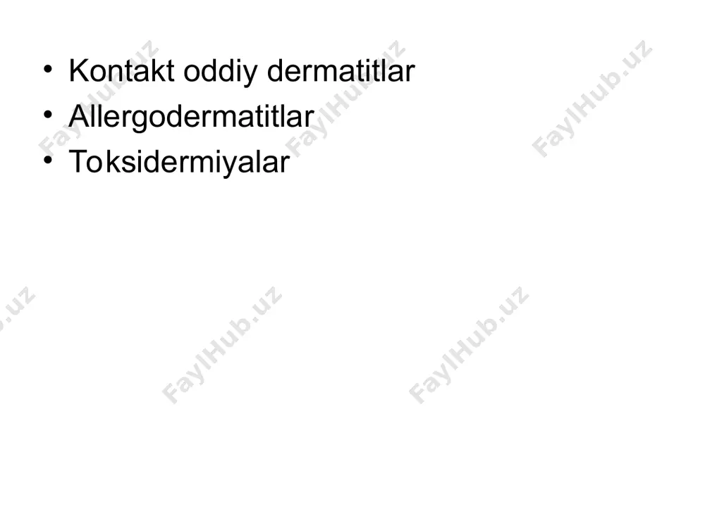 nfekstiya qo’shilib pustulalar paydo bo’ladi. 5. pustulyoz toksikodermiya: ko’p hollarda galogen pereparatlarni; yod, brom xlor ftorni qo’llaganda rivojlanadi. asosiy morfologik element bo’lib pustula hisoblanadi. toshmalar asosan yuzda, ko’krak orqa kurak, sohalarida joylashadi. 6. bullyoz toksikodermiya: analgetiklarni, trankvilizatorlarni, antibiotiklarni, sulfanilamioz-larni qo’llaganda rivojlanadi. bullyoz toksikodermiyada eritematoz yuzada pufaklar paydo bo’ladi. (ko’p shaklli ekssudativ eritemada). pufaklar ҳar xil kattalikda bo’lib gemorragik va yiringli ajralma saqlaydi. pufaklar tezda yorilib eroziyalar yuzaga keladi . (vulgar pemfigusga o’xshash) ko’p hollarda shilliq pardalar (ogiz, ko’z, genital) zararlanadi. 7. fiksastiyalangan toksikodermiya: sulfanilamidlarni, analgin, barbituratlarni antibiotiklarni qabul qilganda yuzaga keladi.kasallikda bir yoki undan ortiq ay-lana shaklli diametri 2- 5smli pushti rang doglar paydo bo’ladi. doglar tezda markaziy qismidan ko’kimtir tusga kiradi. yalligla-nish belgilari tarqala boshlagach, turgun qo’ngirrang pigmentastiya qoladi. bu doglarda ba’zan pufakcha va pufaklar paydo bo’lishi mumkin. bu dori preparatlarini yana qayta qo’llashlar oqibatida toshmalar oldingi paydo bo’lgan sohalarga toshadi. pigmentastiya kuchayib terining boshqa sohalarga tarqaladi. 8. aralash …