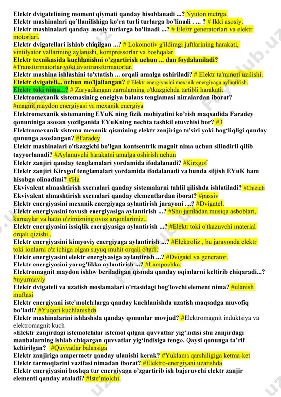ylantirishning umumiy tamoyillari . elektromexanik energiya o’zgartgichlari ...? # elektr mashinalari va elektromagnit qurilmalar . elektr energiyasini mexanik energiyaga aylantiruvchi mashina ...? #dvigatel .​ elektr mashinalarida elektromexanik o’zgartgichlar qaysi qonunga asosan ishlaydi ...? #elektromagnit induksiya . elektromagnit induksiyaga asoslangan elektr mashinalari ... deyiladi ? # elektromexanik tizim energiya balansi bu ...? # ta'minlangan umumiy energiya va yo'qotishlar bilan umumiy foydali energiya o'rtasidagi to'liq miqdoriy muvofiqlik (tenglik). energiya kiritish tushunchasi ...? # energiya o'rnatish yoki energiya inshootiga barcha energiya manbalarining energiya miqdori. energiyaning nechta asosiy turlari bor? # sakkiz . elektromagnitning asosiy qismlari : ..? # chulg’am (o'rash) va magnit o’tkazgich . elektr energiyasini elektr energiyasiga aylantirish ...? # dvigatel va generator . elektromagnit induksiya qachon kashf etilgan ...? # maykl faraday 1831 yil 29 avgust elektromexanik tizim deb nimani tushunish kerak ...? # elektromagnit, elektr va mexanik qurilmalar to'plami . elektromexanik tizimlardagi har qanday harakati ... bilan belgilanadi? # elektromagnit …