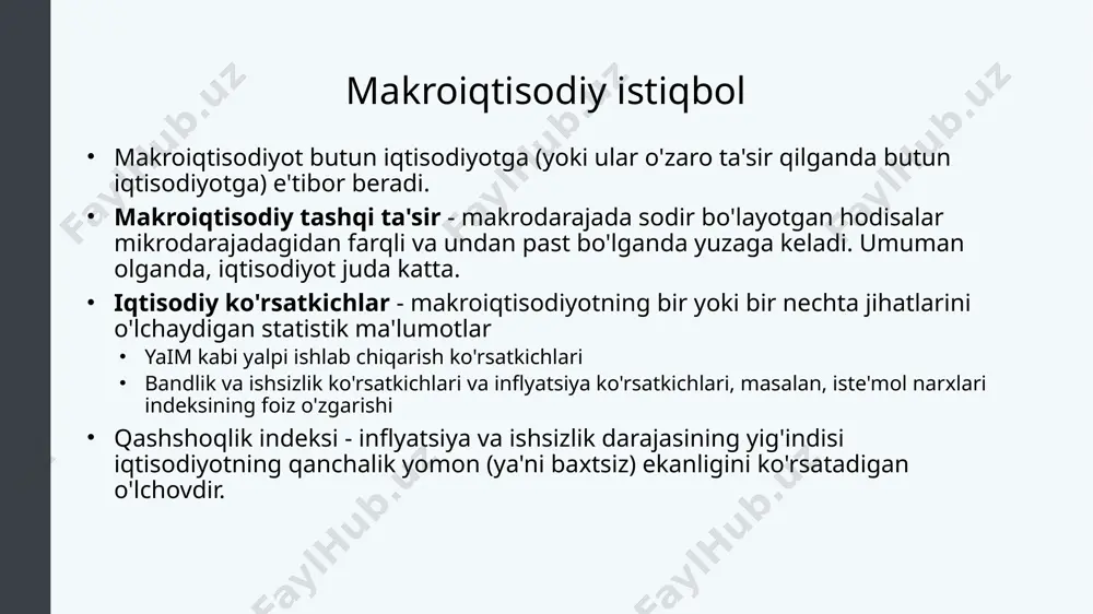 g 3 maqsadlar makroiqtisodiyotning umumiy salomatligi haqida fikr yuritganda, uchta asosiy maqsadni ko'rib chiqish foydali bo'ladi: iqtisodiy o'sish, to'liq bandlik (yoki past ishsizlik) va barqaror narxlar (yoki past inflyatsiya): iqtisodiy o'sish pirovardida mamlakatda hukmron turmush darajasini belgilaydi. ishsizlik darajasi ishsizlik darajasi bilan o'lchanadigan bo'lib, ish kuchidagi ishsiz odamlarning ulushidir. inflyatsiya - bu narxlarning umumiy darajasining barqaror o'sishi. iqtisodiy o'sish real (inflyatsiyaga moslashtirilgan) yalpi ichki mahsulotning foiz o'zgarishi bilan o'lchanadi. aqshning so'nggi yuz yillikdagi yillik o'sish sur'ati yiliga o'rtacha 3% ni tashkil etganligi sababli, 3% dan yuqori o'sish sur'ati yaxshi deb hisoblanadi. odamlarda ish bo'lmasa, iqtisod qimmatbaho resurs-mehnatni isrof qiladi va natijada ishlab chiqarilgan tovarlar va xizmatlar pasayadi. biroq, ishsizlik statistik ma'lumotlardan ko'ra ko'proq - u odamlarning turmush tarzini ifodalaydi. o'lchangan ishsizlik hech qachon nolga teng bo'lmasa-da, o'lchangan ishsizlik darajasi 5% yoki undan kam bo'lsa, to'liq bandlik hisoblanadi. agar ko'p odamlar oziq-ovqat, uy-joy va sog'liqni saqlash uchun to'laydigan narxlar mehnatlari uchun …