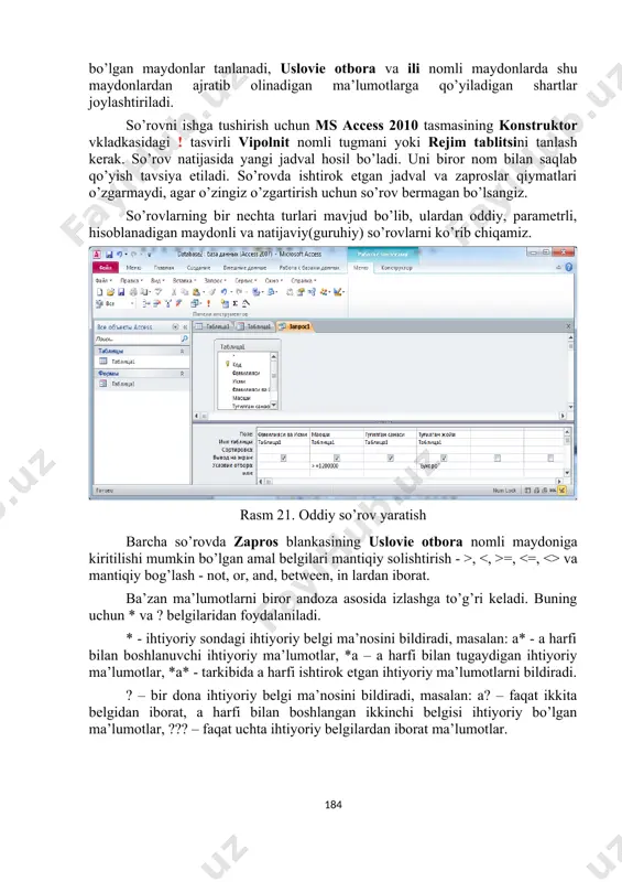 gan jadval yoki zapros nomini tanlaymiz. dostupnie polya deb atalgan ro’yxat maydonida tanlangan jadvalning maydonlari ro’yxati paydo bo’ladi. shu maydondan hisobotda ko’rinib turishi kerak bo’lgan maydon nomini tanlab “>” belgini bosish orqali vibrannie polya nomli ro’yxat maydoniga o’tkazamiz. agar barcha maydonlarni o’tkazish kerak bo’lsa, u xolda “>>” belgini bosish kerak. noto’g’ri o’tkazilganlarini esa “ , , >q, <q c) @, #, $, %, _ d) ^, &, (, ), q, - 11. maydon nomi qanday belgi bilan boshlanishi mumkin emas? a) bo’sh joy belgisi b) katta harf c) kiril alifbosi harflari d) minus belgisi 12. ma’lumotlar omboridagi jadvallar nima uchun hizmat qiladi? a) ombordagi ma’lumotlarni saqlash uchun b) ombordagi ma’lumotlarni tanlash va qayta ishlash uchun c) omborga ma’lumotlarni kiritish va va ularni ko’rib chiqish uchun d) ombordagi qayta ishlangan ma’lumotlarni chop etish uchun 195