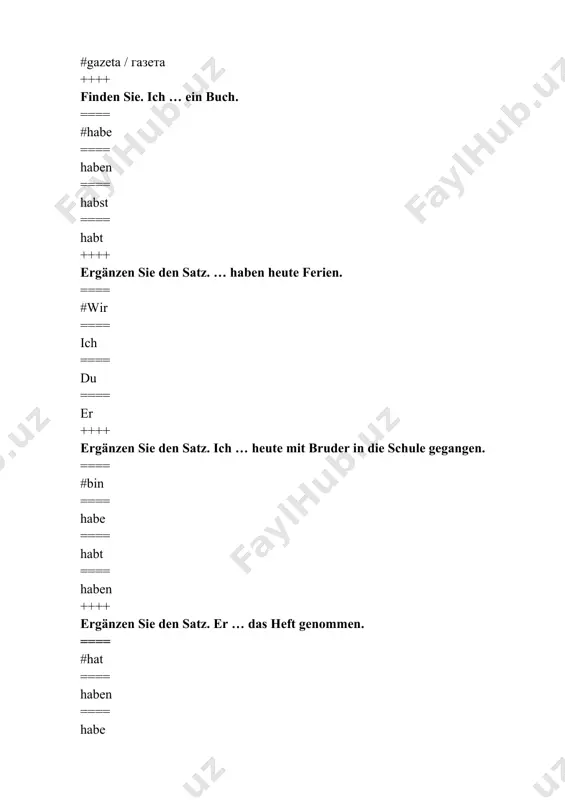 nk. … ist braun. ==== es ==== sie ==== #er ==== die ++++ ergänzen sie. das ist ein buch. … ist gelb. ==== #es ==== sie ==== er ==== der ++++ ergänzen sie. ich brauche … büro. ==== #kein ==== keine ==== keinen ==== keiner ++++ ergänzen sie. er … nach deutschland fahren. ==== #will ==== magst ==== mögt ==== mögen ++++ ergänzen sie. ich habe … zeit. ==== kein ==== #keine ==== keinen ==== keiner ++++ ergänzen sie. wir … einen großen schrank. ==== habe ==== #haben ==== habt ==== hast ++++ finden sie. achtunddreißig. ==== 83 ==== #38 ==== 33 ==== 36 ++++ finden sie. zweihundertfünfundneunzig. ==== 595 ==== 952 ==== 259 ==== #295 ++++ finden sie. dreitauzentsiebenhundertvierundsechzig. ==== 3746 ==== 3743 ==== 3745 ==== #3764 ++++ ergänzen sie. er … jetzt in die u-bahn ein. ==== steige ==== #steigt ==== steigst ==== steigen ++++ finden sie. 6:40. …