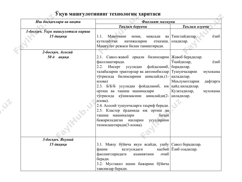 аrshiligigа uchrаb qоlsа, sаtеllit­lаr sеkinlаshgаn yarim o’qning shеstеrnyasi bo’ylаb аylаnа bоshlаydi, bu pаytdа ikkinchi yarim o’q shеstеrnyasi sаtеllitlаrning o’z o’qlаri аtrоfidа аylаnishlаri hisоbigа tеzrоq аylаnаdi. гусеницали тарктор бульдозер иш ускунали трактор юкларни ортиш усуллари узлуксиз ортиш усулида қўлланиладиган жиҳозлар (конвейерлар, транспортёрлар, элеваторлар, пневматик ташиш қурилмалари) даврий ортиш усулида қўлланиладиган жиҳозлар (махсус иш жиҳозига эга бўлган машиналар, чўмичли юклагичлар) бир чўмичли экскаватор - бульдозер сочилувчан материалларни чўмичли юклагич бир чўмичли экскаватор юклагич ёгоч махсулотлари ва кувурларни юклаш машинаси махсус йигиштириб юклагич (кор ва бошк.) тайёр, кадокланган махсулотларни юклаш машинаси тайёр, қадоқланган маҳсулотларни юклаш машинаси бир чўмичли юклагичнинг техник иш унумдорлиги қуйидагича аниқланади: бу ерда: vк – чўмич (ковш)нинг сиғими, м3. – чўмичнинг тўлдирилиш коэффициенти. циклнинг давомийлиги қуйидагича аниқланади: бу ерда: t1=5...10 сек – чўмични тўлдириш вақти; t2=5...8 сек – чўмични транспорт ҳолатига кўтариш учун кетган вақт; t3=6...10 сек – чўмични тўкиш баландлигигача кўтариш учун кетган вақт; t4=10...15 сек – бошқариш дастакларини …