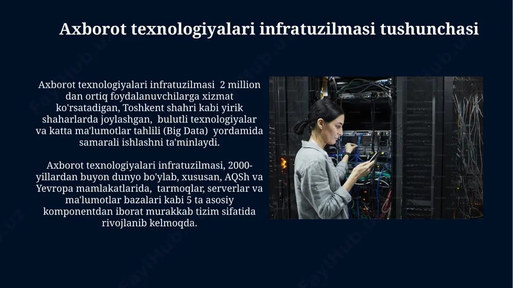 ng o'rtacha muddati o'zbekistonda 12 oyni tashkil etadi, bu esa resurslarni samarali boshqarishni talab qiladi. toshkent shahrida joylashgan yirik korxonalarning 70% dan ortig'i it infratuzilmasini monitoring qilish uchun avtomatlashtirilgan tizimlardan foydalanadi, bu esa xavfsizlikni va samaradorlikni oshiradi. e'tiboringiz uchun rahmat @taqdimot_robot image5.jpg image6.jpg image7.jpg image8.jpg image9.jpg image10.jpg image11.jpg image12.jpg image13.jpg image1.jpg