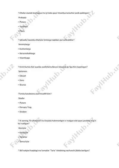 eftallar davlati va o'rta osiyo tarixi bo‘yicha test savollari to‘plami — DOCX