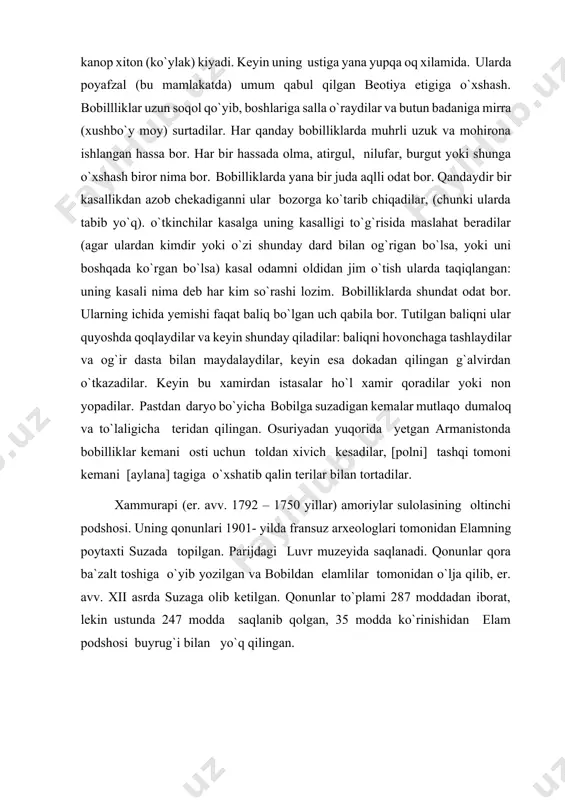 i 287 moddadan iborat, lekin ustunda 247 modda saqlanib qolgan, 35 modda ko`rinishidan elam podshosi buyrug`i bilan yo`q qilingan. keyinchalik yetishmaydigan moddalar suzada topilgan parcha dublikatlar asosida nineviyada osuriya podshosi ashshurbanipal kutubxonasida topilgan, mixxat matn uch qism: kirish, qonunlarni o`zi va xulosadan iborat. birinchi va oxirgi qismlarda hammurapi o`zini va o`z boshqaruvini tavsiflaydi, “kuchli zaifni ezmasligi, yetim va bevaga adolat qilish uchun” qonunlar to`plamini tuzilishi maqsadini ko`rsatadi. us tuning yuqori qismida xammurapi quyosh va adolat xudosi shamash oldida unga duo qilib tiz cho`kkan holda turgani va xudo qonunlarni berayotgani tasvirlangan. ўрта подшолик даврида рельефва деворий суратлар характерида ҳам ўзгариш сезила бошлади. бени хасан хнумхотеп 11 мақбарасига ишланган ов манзарасини акс эттирувчи деворий сурат ўзининг юксак маҳорат билагн ишланиши, нозик ранг товланиши, ифодали композицияси билан ўрта подшолик рассомлигининг энг яхши асарларидин биридир. рассомликда янги мавзулар ҳам кенг ўринни эгаллай бошлади. рассомлар ҳар бир образ ҳатти-ҳаракатининг табиий гўзал бўлишига эътибор бера бошладилар. …