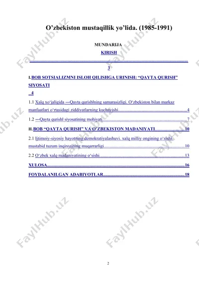 o’zbekiston mustaqillik yo’lida (1985-1991) — DOC
