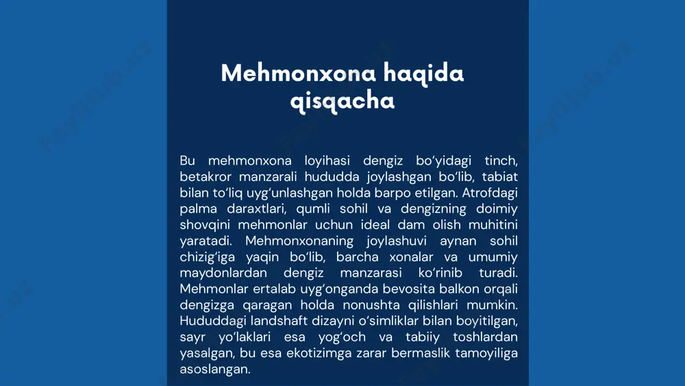 amonaviy hammom va xizmat ko‘rsatish uchun zarur barcha qulayliklar mavjud. xonalarning ko‘pchiligi dengiz manzarali va shaffof derazalar orqali quyosh nuri bilan to‘lib turadi. yog‘och mebellar, yengil pardalar, bej va ko‘k rangdagi choyshablar xonaga iliqlik va tabiatga yaqinlik bag‘ishlaydi. xonalar ko’rinishi xonalar to‘rt xil turga bo‘lingan: oddiy standart xonalar, yuqori darajadagi deluxe xonalar, oilaviy yoki suite xonalar va eng yuqori darajadagi prezident apartamentlari. standart xonalar funksional va qulay bo‘lib, odatiy mehmonlar uchun mo‘ljallangan. deluxe xonalar ko‘proq maydonga ega, o‘z balkoniga ega va ko‘proq nafis detallar bilan jihozlangan. suite xonalar oilaviy dam olish uchun mo‘ljallangan bo‘lib, ikki bo‘limli, ya’ni mehmon va yotoq qismlariga ega. prezident apartamentlari esa kengligi, shaxsiy terrasasi, alohida ovqatlanish zonasi va maxsus xizmatlar bilan farqlanadi. mehmonxonada mavjud imkoniyatlar bu mehmonxona ekologik barqarorlik tamoyillariga sodiq holda qurilgan. quyosh panellari orqali energiya ta’minlanadi, yomg‘ir suvlari yig‘ilib, sug‘orish uchun ishlatiladi, qurilishda qayta tiklanuvchi va tabiiy materiallardan foydalanilgan. hududdagi barcha infratuzilma – restoranlar, …