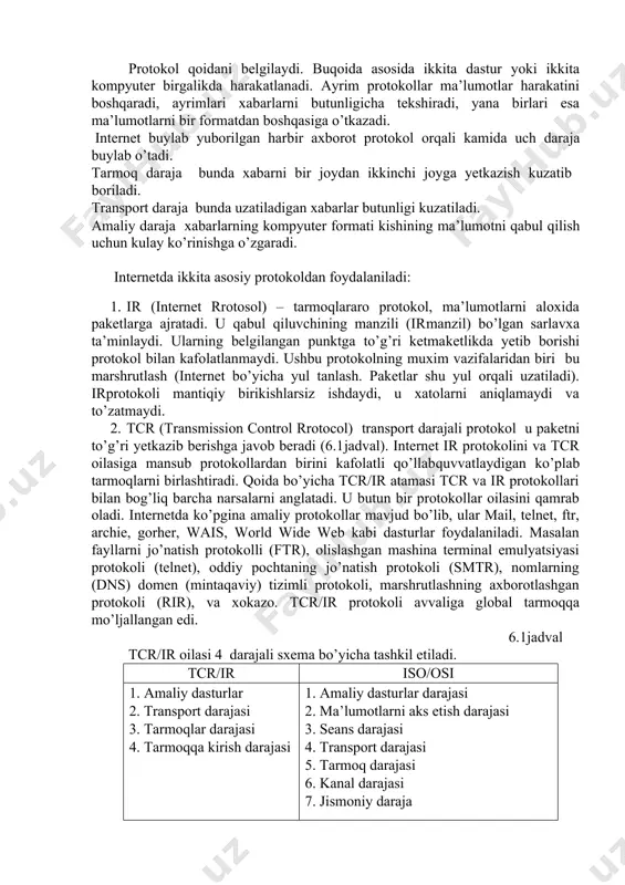 ellarining ketma­ketligini tushunamiz. qabul qilish oxirida paketlar yana tegishli tartibda to’planadi. 2. protokollar protokol qoidani belgilaydi. buqoida asosida ikkita dastur yoki ikkita kompyuter birgalikda harakatlanadi. ayrim protokollar ma’lumotlar harakatini boshqaradi, ayrimlari xabarlarni butunligicha tekshiradi, yana birlari esa ma’lumotlarni bir formatdan boshqasiga o’tkazadi. internet buylab yuborilgan har­bir axborot protokol orqali kamida uch daraja buylab o’tadi. tarmoq daraja ­ bunda xabarni bir joydan ikkinchi joyga yetkazish kuzatib boriladi. transport daraja ­ bunda uzatiladigan xabarlar butunligi kuzatiladi. amaliy daraja ­ xabarlarning kompyuter formati kishining ma’lumotni qabul qilish uchun kulay ko’rinishga o’zgaradi. internetda ikkita asosiy protokoldan foydalaniladi: 1. ir (internet rrotosol) – tarmoqlararo protokol, ma’lumotlarni aloxida paketlarga ajratadi. u qabul qiluvchining manzili (ir­manzil) bo’lgan sarlavxa ta’minlaydi. ularning belgilangan punktga to’g’ri ketma­ketlikda yetib borishi protokol bilan kafolatlanmaydi. ushbu protokolning muxim vazifalaridan biri ­ bu marshrutlash (internet bo’yicha yul tanlash. paketlar shu yul orqali uzatiladi). irprotokoli mantiqiy birikishlarsiz ishdaydi, u xatolarni aniqlamaydi va to’zatmaydi. 2. tcr …