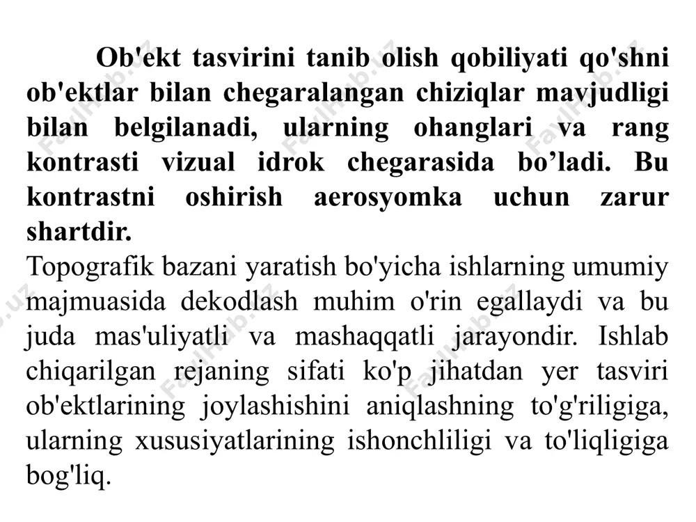 h uchun ular ko'pincha ongsiz ravishda uning hajmini, maydonini, perimetrini, maydonining perimetriga nisbatini va boshqalarni baholaydilar. aerofoto rasmdagi ob'ektlar tasvirlarning minimal o'lchamlari bilan belgilanadi, bu linzalarning o'lchamlari va fotografik emulsiyaga bog'liq. tasvirning chekkasida zamonaviy tortishish kameralari aniqligi 1 mm uchun kamida 30 ta chiziq va fotosurat emulsiyalari - 1 mm uchun taxminan 150-200 satr bo'lsa, biz rasm shkalasi bo'yicha taxminan 0,02 mm umumiy aniqlikni olamiz. fototon - bu bir qancha omillarga - ob'ektning aks ettirish qobiliyatiga, uning tashqi tuzilishiga, yoritilishiga, tortishish vaqtiga, namlikka, fotosuratni bosib chiqarish rejimiga va boshqalarga bog'liq holda, surat materialining ob'ekt tasvirining tegishli joyida qorayish darajasidir. shunday qilib, quruq yo'llar va tosh to'siqlar deyarli oq chiziqlar bilan tasvirlangan. och kulrang, deyarli oq rangda, bino tomlarining yoritilgan yon bag'irlari, quruq yerlar, ko'priklar va boshqalar tasvirlangan. yorug'likni yutadigan suv bo'shliqlari qorong'i ohanglarda tasvirlangan va chuqurlik qanchalik chuqurroq bo'lsa, shuncha qora. shu bilan birga, loyqa, ko'pikli yoki to'lqinli suv kul …