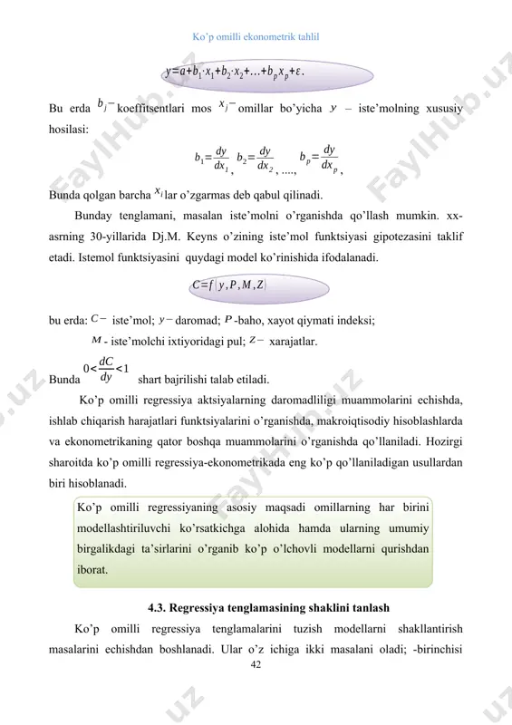 an iste’molni o’rganishda qo’llash mumkin. xx- asrning 30-yillarida dj.m. keyns o’zining iste’mol funktsiyasi gipotezasini taklif etadi. istemol funktsiyasini quydagi model ko’rinishida ifodalanadi. bu erda: iste’mol; daromad; -baho, xayot qiymati indeksi; - iste’molchi ixtiyoridagi pul; xarajatlar. bunda shart bajrilishi talab etiladi. ko’p omilli regressiya aktsiyalarning daromadliligi muammolarini echishda, ishlab chiqarish harajatlari funktsiyalarini o’rganishda, makroiqtisodiy hisoblashlarda va ekonometrikaning qator boshqa muammolarini o’rganishda qo’llaniladi. hozirgi sharoitda ko’p omilli regressiya-ekonometrikada eng ko’p qo’llaniladigan usullardan biri hisoblanadi. ( ko’p omilli regressiyaning asosiy maqsadi omillarning har birini modellashtiriluvchi ko’rsatkichga alohida hamda ularning umumiy birgalikdagi ta’sirlarini o’rganib ko’p o’lchovli modellarni qurishdan iborat. ) 4.3. regressiya tenglamasining shaklini tanlash ko’p omilli regressiya tenglamalarini tuzish modellarni shakllantirish masalarini echishdan boshlanadi. ular o’z ichiga ikki masalani oladi; -birinchisi omillarni saralash bo’lsa, ikkinchisi regressiya tenglamasi ko’rinishini tanlashdan iborat. ko’p omilli regressiya tenglamasiga u yoki bu omillar to’plamini kiritish avvalo tadqiqotchining modellashtiruvchi ko’rsatkichni boshqa iqtisodiy jarayonlar bilan o’zaro bog’lanish tabiati haqidagi tasavvuriga …