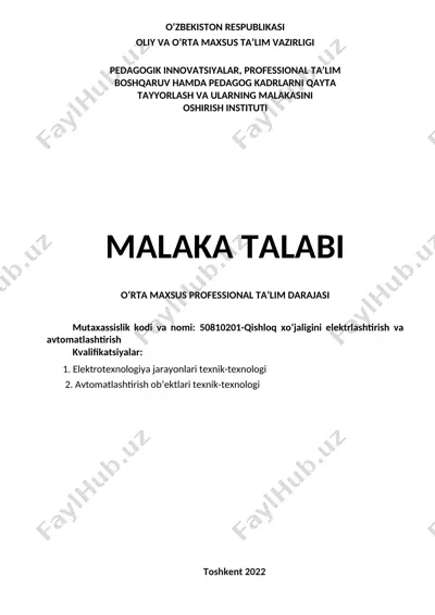 qishloq xo‘jaligini elektrlashtirish va avtomatlashtirish — DOC