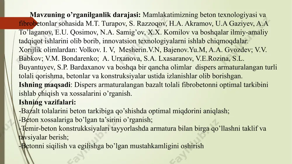 temperaturasi (0c) 1450 cho’zilish koefitsient (%) 2-4.5 cho’zilishdagi mustahkamligi (mpa) 3500 1.6-jadval 2-rasm. bazalt tolasi 1.7-jadval loyihalangan beton tarkibi suv/sement=0.52 namunalar o’lchamlari 10x10x10 sm bo’lgan kubiklardan tayyorlandi. normal sharoitda saqlandi. gidravlik press yordamida siqlishga mustahkamlikka sinaldi. beton qorishmasining konus cho’kishi p-2 ga to’gri keldi. bazalt tolalarini beton qorishmada bir tekis taqsimlanishi uchun, quruq holatdagi komponentlarva bazalt tola bilan birga yaxshilab aralashtirib oldik. so’ng suv qo’shilib, aralashtirilib beton qorishmasi olindi sinov ishlari gost 10180-2012 bo’yicha amalga oshirildi. loyihalangan beton sinfi sement (kg) qum (kg) chaqiqtosh (kg) b30 (m400) 400 680 1100 suv (litr) 211 kub namunalar (10x10x10 sm) siqilishdagi mustahkamlik (mpa) 3 kunlik 7 kunlik 28 kunlik kontrolniy 22.8 30.2 38.02 bazalt-0.5% 28.4 32.55 44.65 bazalt-1% 29.8 35.4 46.4 bazalt-1.5% 31.7 36.8 47.2 bazalt-2% 33.6 37.2 49.52 1.8-jadval kub namunalari ko’rstkichlari siqilishga bo’lgan mustahkamlikni (28 kunlik natija) oshishi foizlarda: nazorat sinov namunasi 28 kunlik siqilshdagi mustahkamligi 38.02 mpa ga teng bo’ldi …