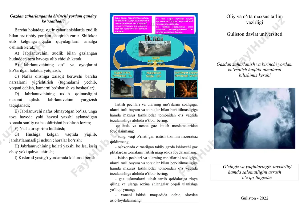 rini nazorat qila olmaydigan shaxslarning gaz asboblaridan foydalanishi; · gaz va gaz asboblaridan boshqa maqsadlarda foydalanish; · gaz asboblari o‘rnatilgan xonada uxlash va dam olish; gazdan zaharlanganda birinchi yordam qanday ko‘rsatiladi? barcha holatdagi og‘ir zaharlanishlarda zudlik bilan tez tibbiy yordam chaqirish zarur. shifokor etib kelgunga qadar quyidagilarni amalga oshirish kerak: a) jabrlanuvchini zudlik bilan gazlangan hududdan toza havoga olib chiqish kerak; b) jabrlanuvchining qo‘l va oyoqlarini ko‘tarilgan holatda yotqizish; c) nafas olishiga xalaqit beruvchi barcha narsalarni yig‘ishtirish (tugmalarni yechib, yoqani ochish, kamarni bo‘shatish va boshqalar); d) jabrlanuvchining uxlab qolmasligini nazorat qilish. jabrlanuvchini yurgizish taqiqlanadi; e) jabrlanuvchi nafas olmayotgan bo‘lsa, unga toza havoda yoki havosi yaxshi aylanadigan xonada sun’iy nafas oldirishni boshlash lozim; f) nashatir spirtini hidlatish; g) hushiga kelgan vaqtida yiqilib, jarohatlanmasligi uchun choralar ko‘rish; h) jabrlanuvchining holati yaxshi bo‘lsa, issiq choy yoki qahva ichirish; i) kislorod yostig‘i yordamida kislorod berish. isitish pechlari va ularning mo‘rilarini sozligiga, ularni turli buyum …