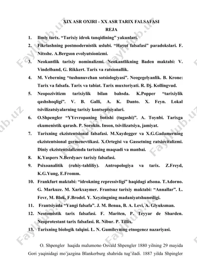 xix asr oxiri - xx asr tarix falsafasi — DOCX
