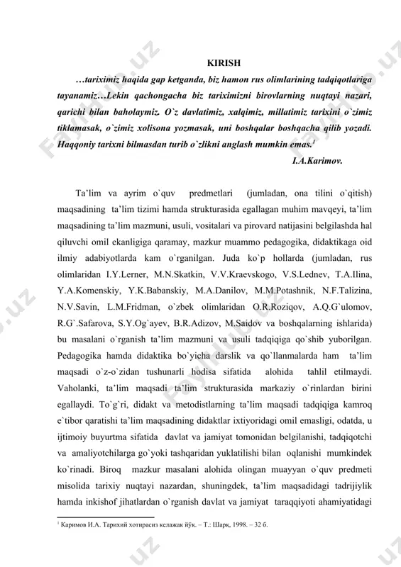 il emasligi, odatda, u ijtimoiy buyurtma sifatida davlat va jamiyat tomonidan belgilanishi, tadqiqotchi va amaliyotchilarga go`yoki tashqaridan yuklatilishi bilan oqlanishi mumkindek ko`rinadi. biroq mazkur masalani alohida olingan muayyan o`quv predmeti misolida tarixiy nuqtayi nazardan, shuningdek, ta’lim maqsadidagi tadrijiylik hamda inkishof jihatlardan o`rganish davlat va jamiyat taraqqiyoti ahamiyatidagi zarur masalalardandir. to`g`ri, davlat va jamiyat ta’lim maqsadini o`z taraqqiyoti davomida tug`ilgan ijtimoiy ehtiyojlarni qondirish uchun rasmiy ravishda belgilaydi. biroq davlat va jamiyat ta’lim maqsadini ijtimoiy buyurtma sifatida belgilashda, albatta, ta’lim peshvolari qanday chora-tadbirlarni ilgari surishlariga tayanadi. shuning uchun ta’lim maqsadi muammosini har tomonlama o`rganish barcha davrlar uchun muhim ahamiyat kahhf etadi. ta’lim maqsadi silsilasida ona tili ta’limi maqsadi alohida o`rinda turadi. chunki maktab ta’limi ona tilini ta’lim oluvchiga o` r g a t m a y d i - ta’lim oluvchi ona tilini ta’lim dargohiga kelgunga qadar biladi va undan o`z kundalik amaliy ehtiyojlarini qondirish uchun bemalol foydalana oladi. ana shu o`rinda …