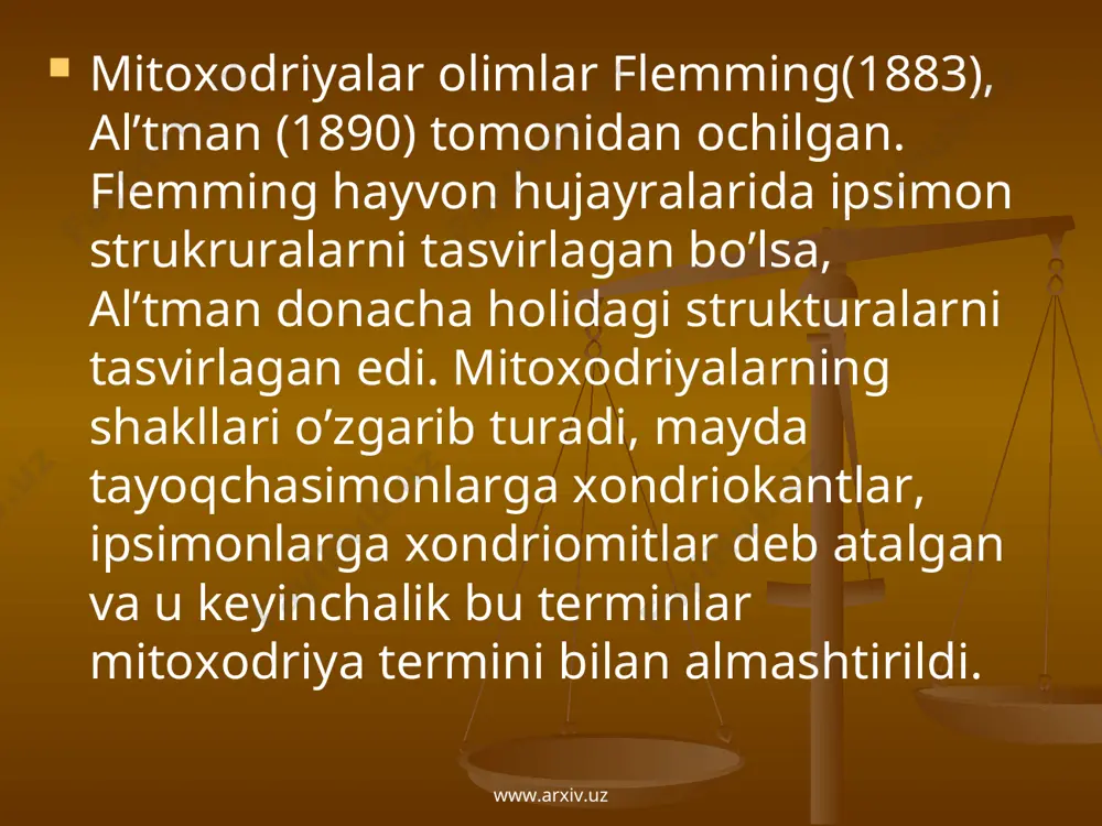 arga aylanadi. xloroplastlar barglarda va yashil novdalarda uchraydi, ularda fotosintеtik sistеma joylashgan bo’ladi. har bir hujayrada 20-50 va undan ko’p xloroplastlar uchraydi. xloroplastlar tarkibining 75% suvdir. quruq og’irligiga nisbatan 40-45%-oqsillar, 20-30%-lipidlar, nuklеin kislotalar va minеral elеmеntlar uchraydi. ular oqsil sintеz qiluvchi tuzilma ribosomalar mavjudligi bilan ajralib turadi. www.arxiv.uz www.arxiv.uz xromoplast www.arxiv.uz www.arxiv.uz www.arxiv.uz www.arxiv.uz www.arxiv.uz www.arxiv.uz
