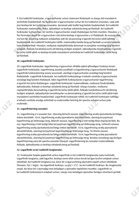 ini keltiring. 5. chegaralangan funksiyalar. agar shunday musbat m sonni ko‘rsatish m umkin bo’lib , [a; b] kesmadan olingan x ning barcha qiymatlarida { []-modul } [f(x)] 0) tengsizlik bajarilsa, у = f(x) funksiya [a; b] kesmada chegaralangan deyiladi. chegaralangan funksiyaning grafigi y = m va y = - m to bg‘ri chiziqlar orasida yotadi. asosiy elementar funksiyalar orasidan chegaralangan funksiyalarga quyidagi funksiyalarni misol sifatida keltirish mumkin: sinx, cosx, arccosx, arctgx, arcctgx, arccosecx. agar argumentning biror oraliqdan olingan katta qiymatiga funksiyaning ham katta qiymati mos kelsa, ya hi shu oraliqqa tegishli istalgan x1 va x2 uchun x2 >x1 tengsizlikdan f( x2)> f(x1) tengsizlik kelib chiqsa, u holda y=f|(x) funksiya shu oraliqda o’suvchi funksiya deyiladi. agar argumentning biror oraliqdan olingan katta qiymatiga funksiyaning kichik qiymati mos kelsa, ya 'ni shu oraliqqa tegishli istalgan x1 va x2 uchun x 2 > x1 tengsizlikdan f(x2) 0 bo'lsa, funksiya ikkita haqiqiy ildizga ega bo'ladi …