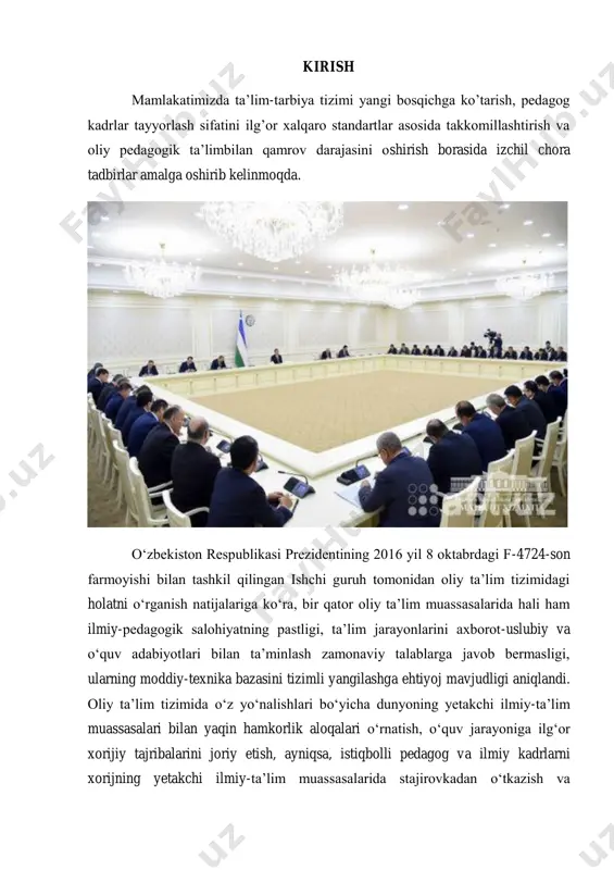 ri, professor-о‘qituvchilar tarkibi, kadrlar tayyorlash va ularning malakasini oshirish sifatini nazorat qilish bо‘yicha davlat siyosatini amalga oshirish; idoraviy mansubligi va mulkchilik shaklidan qat’i nazar, ta’lim muassasalarini attestatsiya va davlat akkreditatsiyasidan о‘tkazish. о‘zbekiston respublikasi vazirlar mahkamasi uch oy muddatda ta’lim sifatini nazorat qilish bо‘yicha davlat inspeksiyasi faoliyatini tashkil qilish bо‘yicha hukumat qarorini qabul qilsin. qoraqalpog‘iston respublikasi vazirlar kengashi, viloyatlar va toshkent shahar hokimliklari: о‘zbekiston respublikasi oliy va о‘rta maxsus ta’lim vazirligi, tasarrufida oliy ta’lim muassasalari mavjud vazirlik va idoralarga oliy ta’lim muassasalarida qurilish, rekonstruksiya qilish va kapital ta’mirlash bо‘yicha ishlarni tashkil etishda, jumladan, zarur hollarda, ularga yer maydonlarini ajratish tо‘g‘risida qaror qabul qilishda va tashqi muhandislik kommunikatsiyalariga ulanishda kо‘maklashsin; oliy ta’lim muassasalarining tashqi muhandislik kommunikatsiyalariga ulanishida optimal texnik sharoitlar yaratilishini ta’minlasin. oliy ta’lim muassasalari ixtiyoridagi yer maydonlarini tasarruf etish о‘zbekiston respublikasi vazirlar mahkamasi qarorlari asosida amalga oshirilishi belgilansin. o’zbekiston respublikasi prizdentining 2020-yil 24-yanvardagi oliy majlisga murojatnomasida belgilangan vazifalarni amalga oshirish maqsadida: …