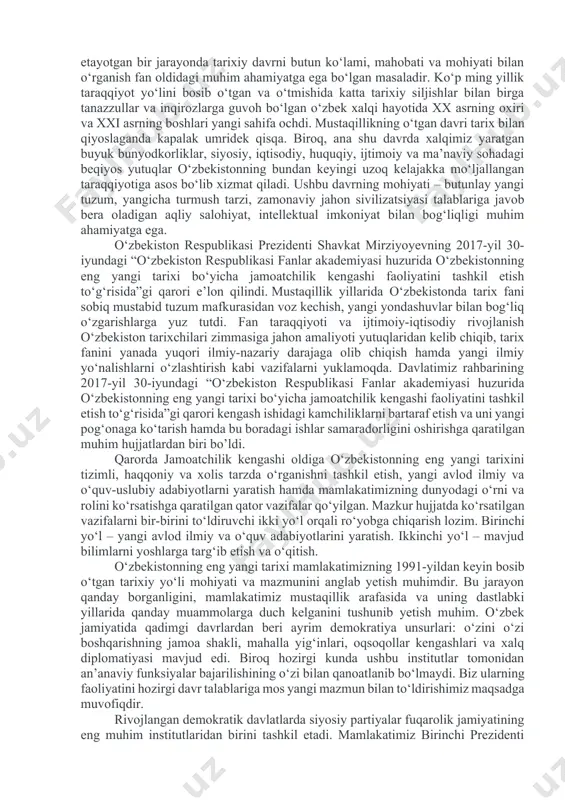 b e’tirof etilgan siyosiy, ijtimoiyiqtisodiy va madaniy sohalardagi tub islohotlarning bosqichma-bosqich amalga oshirilishi, tarixiy jarayonlar tarixchilar tomonidan qadam-baqadam o‘rganilib borildi va ilmiy tadqiqot ob’ektiga aylandi. o‘zbekiston jamiyati hayotida kechayotgan demokratik o‘zgarishlar, fuqarolik jamiyatini shakllantirish vositalari, ko‘ppartiyaviylik tizimining vujudga kelishi va rivojlanishi kabi mavzular tarixchilar tomonidan o‘rganila boshlandi. mustaqillik yillarida ijtimoiy-iqtisodiy va madaniy sohadagi o‘zgarishlar respublika viloyatlari va shaharlari misolida tadqiq etildi. mustaqillik yillarida o‘zbekiston aholisining milliy xususiyatlari va demografik rivojlanishi jarayonlarini o‘rganish dolzarb ahamiyat kasb etdi. tarixiy o‘zgarishlarning demografik jarayonlarga ta’siri hamda ularning turli jihatlarini tahlil etish mamlakatda amalga oshirilayotgan kuchli fuqarolik jamiyatini shakllantirishga, islohotlarning ijtimoiy samarasini oshirishga qaratildi. tarixchilar tadqiqot ob’ekti bo‘lgan ma’lum hududni mustaqillik yillaridagi rivojlanishining o‘ziga xos xususiyatini o‘rganish orqali iqtisodiy, agrar, madaniy sohada amalga oshirilayotgan islohotlar va ularning natijalarini yoritdilar. mazkur tadqiqotlarning davriy chegarasi, manbaviy asoslari turlicha bo‘lishiga qaramay, bu izlanishlarning umumlashmasi mustaqillik yillarida mamlakat iqtisodiy ijtimoiy va madaniy jarayonlarini yaxlit bir manzarasini shakllantirishda muhim material …