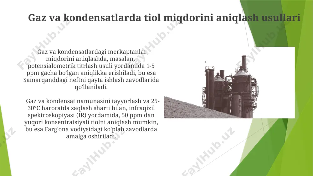 muvofiq, oltingugurt birikmalarini 10 ppm dan kamroq darajaga tushirish imkoniyatini beradi. kombine usullar: har xil usullarning samaradorligini oshirish кўп компонентли тизимларда, мисол учун, 500 бар ва 150°c да, гидротазалаш жараёнининг самарадорлигини ошириш учун катализаторларнинг янги турларини, масалан, никель-молибден катализаторларини қўллаш мумкин. аммиакни ишлатиш билан бирга, 2-меркаптоэтанол сингари тиолларнинг концентрациясини 90% гача камайтириш учун суриядаги тажрибаларда температурани босқичма-босқич ошириш самарали бўлганлиги аниқланган. e'tiboringiz uchun rahmat @taqdimot_robot image1.jpg image2.jpg image3.jpg image4.jpg image5.jpg image6.jpg image7.jpg image8.jpg image9.jpg image10.jpg image11.jpg image12.jpg image13.jpg image14.jpg image15.jpg image16.jpg image17.jpg