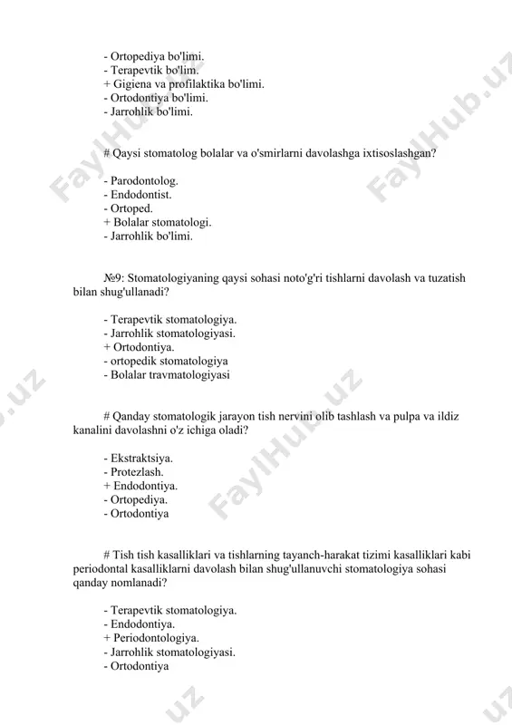 a sohasi qanday nomlanadi? - terapevtik stomatologiya. - endodontiya. + periodontologiya. - jarrohlik stomatologiyasi. - ortodontiya #stomatologiya tibbiyotning qaysi sohalarini o'rganadi? - oshqozon va ichak kasalliklari. + yuz skeletining tishlari va suyaklari kasalliklari. - yurak va o'pka kasalliklari. - orqa miya kasalliklari. - bosh suyagi kasalligi # terapevtik stomatologiya qanday kasalliklarni davolaydi? - maksillofasiyal hududning teri kasalliklari. - tish chiqarish. + tish kasalliklari, karies va uning asoratlari, qattiq tish to'qimalarining shikastlanishi va periodontal kasalliklar. - bolalarda tish kasalliklarining oldini olish va davolash, sut va doimiy tishlarning anatomik va funktsional xususiyatlarini o'rganish, og'iz bo'shlig'ining gigienik tadbirlarini o'rgatish. - protezlar ishlab chiqarish. # quyidagi vazifalardan qaysi biri terapevtik stomatologiyaning vazifalari hisoblanadi? - protezlar ishlab chiqarish. - ko'z kasalliklarini davolash. + tish kariyesini aniqlash, davolash va oldini olish. - tishlarni jarrohlik yo'li bilan olib tashlash. -jag'ning sinishini davolash # test stomatologiyaning qaysi sohalari periodontal to'qimalar kasalliklarini, masalan, periodontal kasallikni o'rganadi? - ortodontik stomatologiya. …