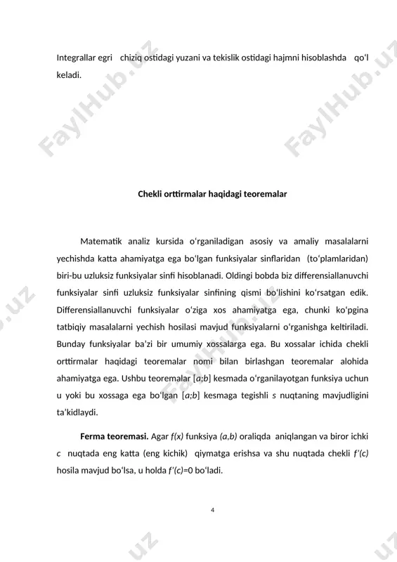 nday c nuqta mavjud bo‘lib, (1) tenglik o‘rinli bo‘ladi. isbot. quyidagi yordamchi funksiyani tuzib olamiz: bu f(x) funksiyani [a,b] kesmada uzluksiz va (a,b) da hosilaga ega bo‘lgan f(x) va x funksiyalarning chiziqli kombinatsiyasi sifatida qarash mumkin. bundan f(x) funksiyaning [a,b] kesmada uzluksiz va (a,b) da hosilaga ega ekanligi kelib chiqadi. shuningdek f(a)= f(b)=0, demakf(x) funksiya roll teoremasining barcha shartlarini qanoatlantiradi. demak, roll teoremasiga ko‘ra (a,b) intervalda kamida bitta shunday s nuqta mavjud bo‘ladiki, f’(c)0 bo‘ladi. shundayqilib, 3- chizma va bundan esa isbot qilinishi kerak bo‘lgan (1) formula kelib chiqadi. teorema isbot bo‘ldi. (1) formulani ba’zida lagranj formulasi deb ham yuritiladi. bu formula. f(b)-f(a)=f’(c)(b-a) (2) ko‘rinishda ham yoziladi endi lagranj teoremasining geometrik ma’nosiga to‘xtalamiz. f(x) funksiya lagranj teoremasining shartlarini qanoatlantirsin deylik (3-chizma). funksiya grafigining a(a;f(a)), b(b;f(b)) nuqtalar orqali kesuvchi o‘tkazamiz, uning burchak koeffitsienti bo‘ladi. hosilaning geometrik ma’nosiga binoan f’(c) - bu f(x) funksiya grafigiga uning (s;f(s)) nuqtasida o‘tkazilgan urinmaning burchak koeffitsienti: …