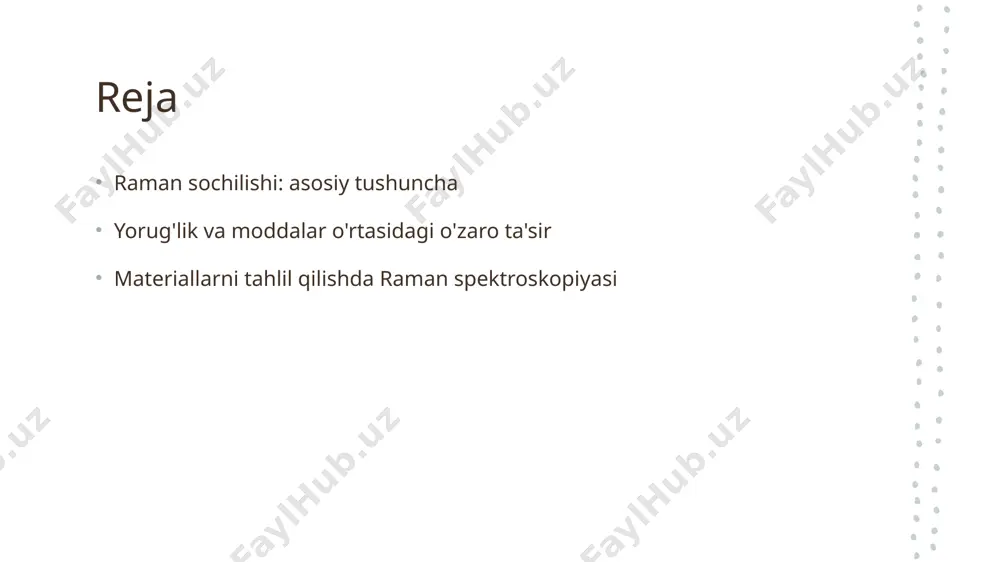aro ta'sirini o'rganishda muhim ahamiyatga ega. o'zbekistondagi tadqiqotlar o'zbekistonda raman spektroskopiyasi yordamida yangi materiallar va dori vositalarini o'rganish bo'yicha tadqiqotlar olib borilmoqda, bu esa ilmiy taraqqiyotga hissa qo'shadi. yorug'likning moddalar bilan o'zaro ta'siri: nazariy asoslar. 01 yorug'lik tabiatining asoslari yorug'lik, elektromagnit to'lqinlar sifatida moddalarga ta'sir qiladi. bu o'zaro ta'sir, energiya almashinuvi va spektral o'zgarishlarga olib keladi. 02 moddalar bilan o'zaro ta'sir yorug'likning moddalar bilan o'zaro ta'siri, molekulalarning vibratsiya va rotatsiya holatlarini o'zgartiradi. bu jarayon raman sochilishida muhim rol o'ynaydi. 03 tezlik va energiya almashinuvi yorug'likning tezligi moddalardagi elektr maydonlari bilan bog'liq. o'zaro ta'sir natijasida energiya almashinuvi kuzatiladi, bu esa spektral o'zgarishlarga olib keladi. yorug'lik va moddalar o'rtasidagi energiya almashinuvi jarayoni. yorug'likning tabiati yorug'lik elektromagnit to'lqinlaridan iborat bo'lib, energiya almashinuvi jarayonida moddalarga ta'sir qilishi bilan xoslanadi. energiya o'tkazish yorug'lik modda bilan to'qnashganda, uning energiyasi moddaning elektron yoki molekulyar tuzilishiga o'tadi, bu esa energiya almashinuvi jarayonini boshlaydi. ramanning rolini raman sochilishi jarayonida, …