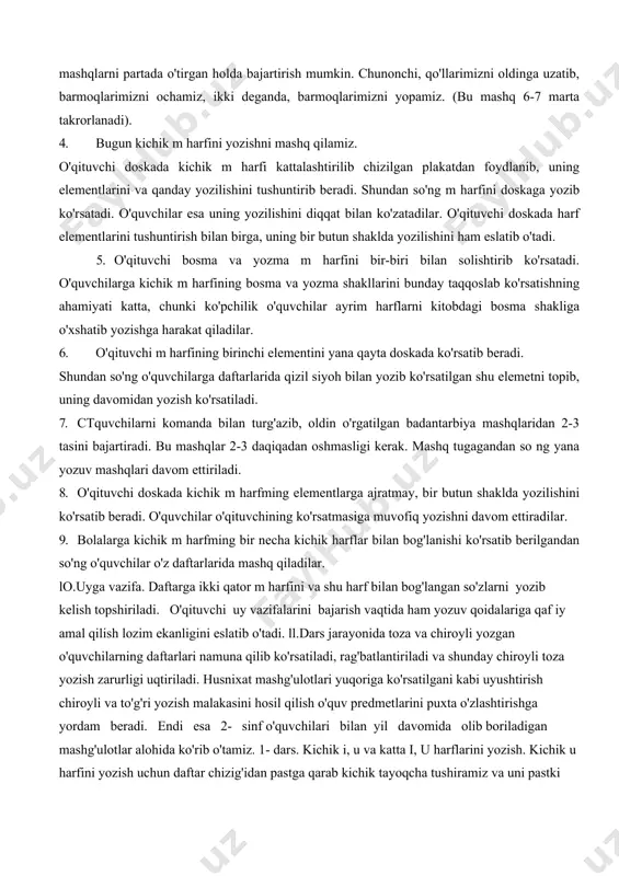 arish vaqtida ham yozuv qoidalariga qaf iy amal qilish lozim ekanligini eslatib o'tadi. ll.dars jarayonida toza va chiroyli yozgan o'quvchilarning daftarlari namuna qilib ko'rsatiladi, rag'batlantiriladi va shunday chiroyli toza yozish zarurligi uqtiriladi. husnixat mashg'ulotlari yuqoriga ko'rsatilgani kabi uyushtirish chiroyli va to'g'ri yozish malakasini hosil qilish o'quv predmetlarini puxta o'zlashtirishga yordam beradi. endi esa 2- sinf o'quvchilari bilan yil davomida olib boriladigan mashg'ulotlar alohida ko'rib o'tamiz. 1- dars. kichik i, u va katta i, u harflarini yozish. kichik u harfini yozish uchun daftar chizig'idan pastga qarab kichik tayoqcha tushiramiz va uni pastki chiziqqa yetkazmay turib o'nga buramiz va yuqoriga qarab davom ettiramiz. bu harf elementini qo'lharakatini uzmasdan qo'shib yozish ta'kidlanadi. u u u u u u u u uuuuuuuu ikki, uzun, uzum, turna, tuxum “tulki bilan turna" etrtagi bolajonlar tomonidan sevib o’qildi. 2- dars. kichik p, t, g, r, g' harflarini yozish. kichik p harfi ikki elementdan uzun tayoqcha va tagi …