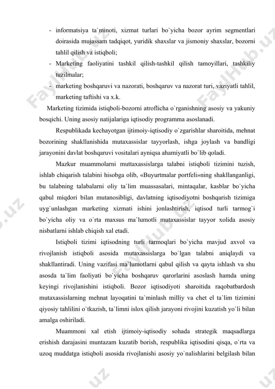 p. ba`zilar «istiqbol-obyekt rivoji haqidagi ilmiy faraz» deydi, uchinchi birovlar «istiqbol-obyekt kelgusidagi axvolining tavsifi» yoki «istiqbol-rivojlanish istiqbolini baholash» deydi. istiqbol usulining talqini, jaxonda, bundan ham kо`p-yuzdan ortiq istiqbolga kelajak haqida extimoliy muloxaza qilish xosdir. bu yo xodisa sodir bо`lish extimoli darajasini belgilashda, yo qabul qilinajak qaror doirasini belgilashda, yo rivojlanish talqini yoxud muqobilligini topishda namoyon bо`ladi. istiqbol va rejalashtirish о`rtasidagi ichki aloqa va bog`liqlik va ularning farqini ilg`ash muhimdir. istiqbolning ilmiy-analitik tavsi​fi uning rivojlangan turidan funksional farqini belgilab beradi. istiqbolning vazifasi - nima bо`lishini aytish. rejalashtirishning vazifasi - barcha ehtimollardan nima bо`lishi kerakligini tanlash. istiqbolning rejadan birinchi qatiy farqi shu. istiqbol va istiqbolli rejalashtirish obyekti kо`pincha, gо`yo istiqbol va loyihalash ufqlari singari mos kelib qoladi. ilmiy istiqbollarni muhokama qilish iqtisod rivoji rejasini ishlab chiqish bilan, qо`shib olib borilishi kerak. bu bilan istiqbolning boshlang`ich, reja oldi ahamiyati belgilanadi. ikkinchi farq-rejalashtirishga nisbatan istiqbolning avvalgilik tavsifi. rejalash direktiv kuchga ega. plan-davlat qonuni. is​tiqbol …