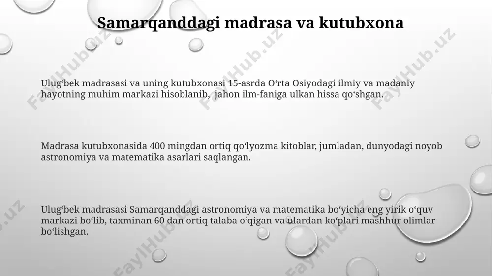 uallifi boʻlgan. mirzo ulugʻbek 1394-yilda tugʻilib, 1449-yilda samarqandda oʻldirilgan, temuriylar sulolasining buyuk vakili va olim sifatida tarixda oʻzining beqiyos hissasini qoldirgan. zij-i sultoniy ushbu astronomik risolada quyosh, oy va sayyoralarning harakatini hisoblash uchun yangi usullar, masalan, trigonometrik funksiyalar jadvallari keltirilgan. «зиж-и султоний»да 1018 юлдузнинг координатлари, 992 та юлдуз каталоги ва 40 dan ortiq yulduz turkumlari aniq ko'rsatilgan. «зиж-и султоний» o'z davri uchun nodir hisoblangan 9 ta astronomik jadvalni, jumladan, quyosh, oy va beshta sayyoraning harakatini hisoblash jadvallarini o'z ichiga oladi. ulugʻbekning xotirasi va uning nomidagi yodgorliklar ulugʻbekning nomi 15 dan ortiq shahar va tumanlarda, shuningdek, koʻplab koʻchalar, maktablar va universitetlarga berilgan, bu uning xotirasiga hurmat belgisi hisoblanadi. ulugʻbek obidasi va uning samarqanddagi rasadxonasi qayta tiklanganidan soʻng, yiliga oʻrtacha 50000 dan ortiq sayyoh tashrif buyuradi, bu uning jahon miqyosidagi shuhratini koʻrsatadi. ulugʻbek sharafiga samarqandda ulkan astronomiya muzeyi va uning kuzatuvlarini aks ettiruvchi monumentlar, taxminan 20 ga yaqin haykal va yodgorliklar oʻrnatilgan. …