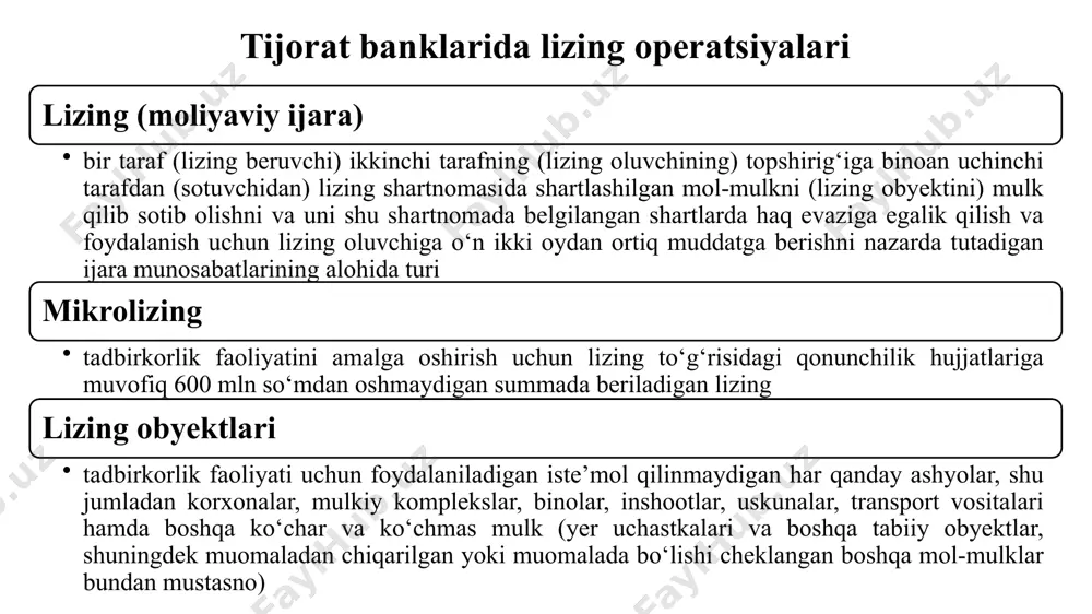 a oshirishi mumkin. bunda lizing oluvchi lizing beruvchi bankka lizing obyektini sotib olish, uni yetkazib berish, ishga tayyor holga keltirish bilan bog‘liq barcha xarajatlarini va kelishilgan foizlar to‘lovini amalga oshirishi lozim lizing beruvchi bank lizing obyektini sotuvchidan kelgusida uning o‘ziga lizing asosida foydalanish uchun berish maqsadida sotib olgan taqdirda bir shaxsning o‘zi ham lizing oluvchi, ham sotuvchi bo‘lishiga yo‘l qo‘yiladi. lizing operatsiyalari moliyaviy barqaror bo‘lgan xo‘jalik yurituvchi subyektlarga to‘lovlilik, ta’minlanganlik, bank tomonidan lizing obyektini sotib olishga investitsiya qilingan kredit mablag‘larini qaytarishlik va maqsadga muvofiq foydalanishlik tamoyillari asosida amalga oshiriladi. lizing shartnomasini rasmiylashtirish tartibi va shartlari lizing oluvchi lizing shartnomasini tuzish uchun uning asosiy depozit hisobvarag‘iga xizmat ko‘rsatayotgan bankka quyidagi hujjatlarni taqdim etishi lozim: lizing buyurtmasi lizing obyektining texnik-iqtisodiy ko‘rsatkichlari va uning sotuvchisi to‘g‘risidagi ma’lumotnoma lizingning butun davrini ichiga olgan pul oqimi tahlili ko‘rsatilgan biznes-reja tegishli davlat soliq inspeksiyasiga oxirgi hisobot davri uchun buxgalteriya balansi (1-son shakl), 90 kundan ortiq muddatdagi …