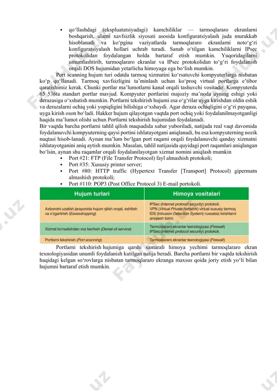 chi, tahlil qism tizimlari aniqlagan mojarolarni kuzatuvchi boshqaruv konsoli. bu tizim ikkita asosiy sinfga ajratiladi. tarmoqqa ruxsatsiz kirishni aniqlash tizimi (network intrusion detection system) va kompyuterga ruxsatsiz kirishni aniqlash tizimiga (host intrusion detection system) bo‘linadi. tarmoqqa ruxsatsiz kirishni aniqlash tizimi (nids) ishlash tamoyili quyidagicha: 1. tarmoqqa kirish huquqiga ega bo‘lgan trafiklarni tekshiradi; 2. zararli va ruxsatga ega bo‘lmagan paketlarga cheklov qo‘yadi. sanab o‘tilgan xavfsizlik bosqichlarini qo‘llagan holda eavesdropping tahdidiga qarshi samarali tarzda himoyalanish mumkin. dos (denial-of-service) tarmoq hujumning bu turi xizmat qilishdan voz kechish hujumi deb nomlanadi. bunda hujum qiluvchi legal foydalanuvchilarning tizim yoki xizmatdan foydalanishiga to‘sqinlik qilishga urinadi. tez-tez bu hujumlar infratuzilma resurslarini xizmatga ruxsat so‘rovlari bilan to‘lib toshishi orqali amalga oshiriladi. bunday hujumlar alohida xostga yo‘naltirilgani kabi butun tarmoqqa ham yo‘naltirilishi mumkin. hujumni amalga oshirishdan oldin obyekt to‘liq o‘rganilib chiqiladi, ya’ni tarmoq hujumlariga qarshi qo‘llanilgan himoya vositalarining zaifligi yoki kamchliklari, qanday operatsion tizim o‘rnatilgan va obyekt ish faoliyatining …