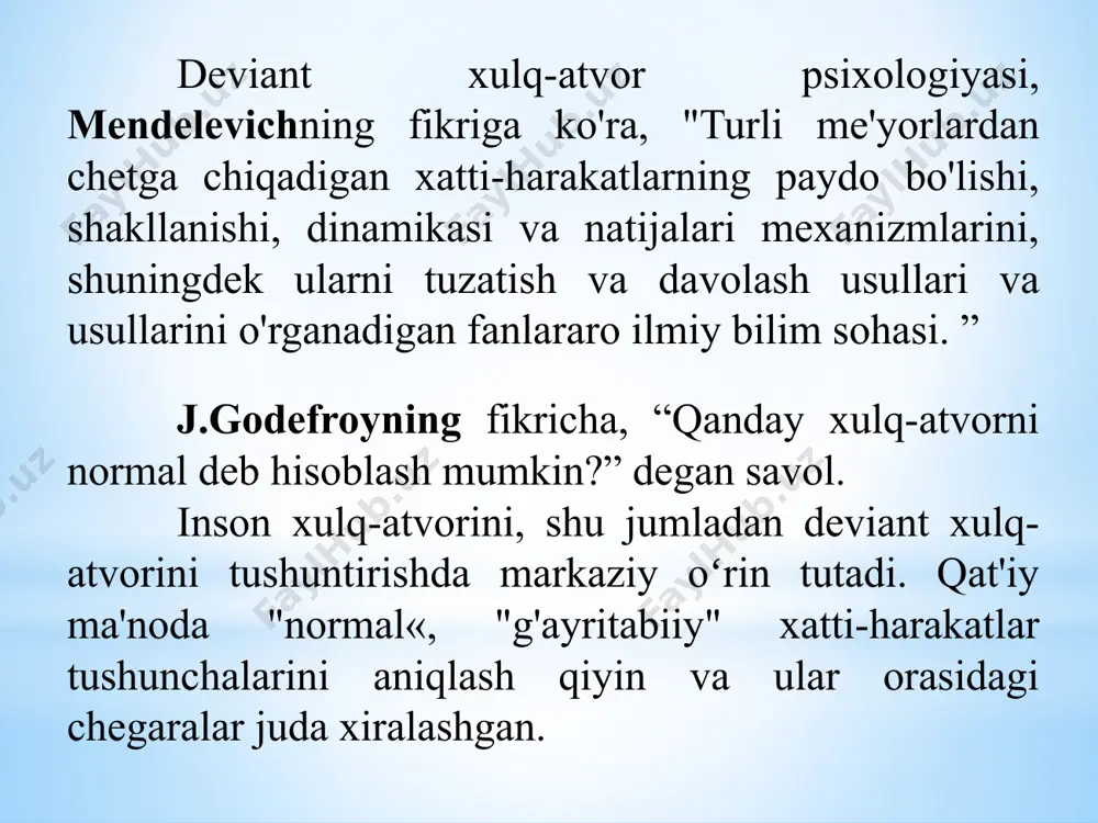 sorimotor); aqliy funktsiyaning buzilishi; astenik yoki reaktiv holatlar (tajovuz, zarba, qo'rquv, obsesif holatlar); xulq-atvorning psixopatik shakllari; aqliy rivojlanishning pastligi; ruhiy kasallikning dastlabki ko'rinishlari. o'qishda qiyinchiliklarga duch kelgan talabalar guruhlari tipologiyasi (a.a. smirnov) oddiy, ammo pedagogik jihatdan e'tibordan chetda qolgan, darslarga salbiy munosabatda bo'lgan, kasallik tufayli kechikishlar bo'lgan bolalar; miya tuzilmalari rivojlanmagan, inertsiya bilan aqliy zaif bolalar. aqliy jarayonlar va abstraktsiya va umumlashtirishning murakkab shakllariga qodir emas; orttirilgan yoki tug'ma eshitish qobiliyatini yo'qotgan bolalar; zaiflashgan yoki serebrovaskulyar kasalliklarga chalingan bolalar; emotsional nuqsonlari bo'lgan bolalar (salbiy hissiy munosabat bilan) atipiyali bolalarning zamonaviy tasnifi bolalar salbiy ruhiy holatlar (charchoq, ruhiy zo'riqish, tashvish, umidsizlik) tashuvchilari; xarakterning urg'usi bo'lgan bolalar (dürtüsellik, giperaktivlik va boshqalar); shaxsning pastki tuzilmalarining nomutanosib rivojlanishi bo'lgan bolalar (o'z-o'zini hurmat qilish va o'zini o'zi boshqarish, zaif maqsad hissi, gipermotivatsiya va boshqalar). atipiya bilan og'rigan bolalarning sababiy tasnifi (buzilishning genetik ildizlari) organik nuqsonlar tufayli rivojlanishida nuqsoni bo'lgan bolalar); funktsional etuklik tufayli nogiron bolalar; …