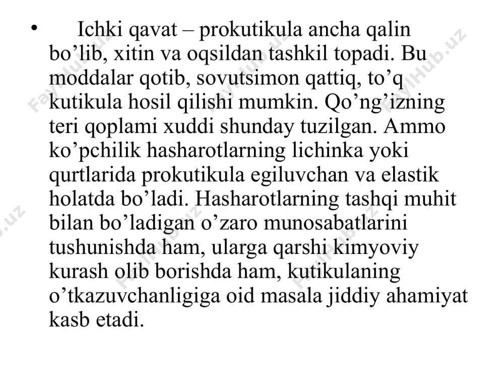 l topadi. ta’sirlar va iztiroblarni qabul qilish xususiyatlariga qarab sensillalar turlicha tuzilgan, ammo ularni shartli ravishda ikkita asosiy tipga – yuza va chuqur joylashgan sensillalarga bo’lish kerak. birinchi tipdagisi soch tolasi, qilcha, konus yoki boshqa hosilalar shaklida tananing sirtiga chiqib turadi, ikkinchisi esa kutikula ostida yoki teri ichida bo’ladi. mexanik ravishda sezish mexanik retseptorlar vositasida ro’y beradi, bunda turli mexanik ta’sirlar ko’pincha atigi bitta hujayra vositasida seziladi. paypaslash retseptorlari, shuningdek silkinishni, tananing holatini, uning muvozanati va boshqalarni sezish uchun mo’ljallangan sezgir o’simtalar shular jumlasidandir.