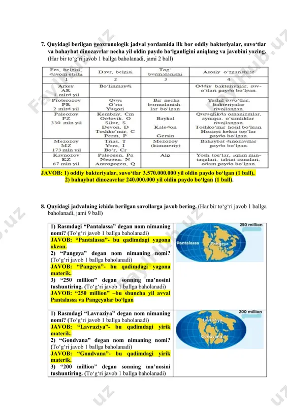 a materiklari bo‘lgan. 1) rasmdagi “paleotinch” degan nom nimaning nomi? (to‘g‘ri javob 1 ballga baholanadi) javob: “paleotinch”- bu qadimdagi yirik okean. 2) “tetis” degan nom nimaning nomi? (to‘g‘ri javob 1 ballga baholanadi) javob: “tetis”- bu qadimdagi yirik okean. 3) “150 million” degan sonning ma’nosini tushuntiring. (to‘g‘ri javob 1 ballga baholanadi) javob: “150 million” –bu shuncha yil avval paleotinch va tetis okeanlari bo‘lgan. 9. quyidagi ko‘rsatilgan materiklarning qaysilari lavraziya va gondvanalardan ajralganliklarini aniqlab, tartib raqamlarini tegishli ustunning ichiga yozgan holda taqsimlab chiqing. (har bir to‘g‘ri javob 1 ballga baholanadi, jami 6 ball) lavraziya gondvana (bu yerga tegishli materiklarning tartib raqamlarini yozib chiqing) (bu yerga tegishli materiklarning tartib raqamlarini yozib chiqing) javob javob 1, 4 2,3,5,6 1 2 3 4 5 6 10. 1966 yil 26 aprel kuni toshkentda kuchli (8-9 balli) zilzila sodir bo‘ldi. shu tabiiy hodisani inobatga olgan holda, toshkent shahri yer po‘stining platforma yoki geosinklinal hududida joylashganligini aniqlang va …